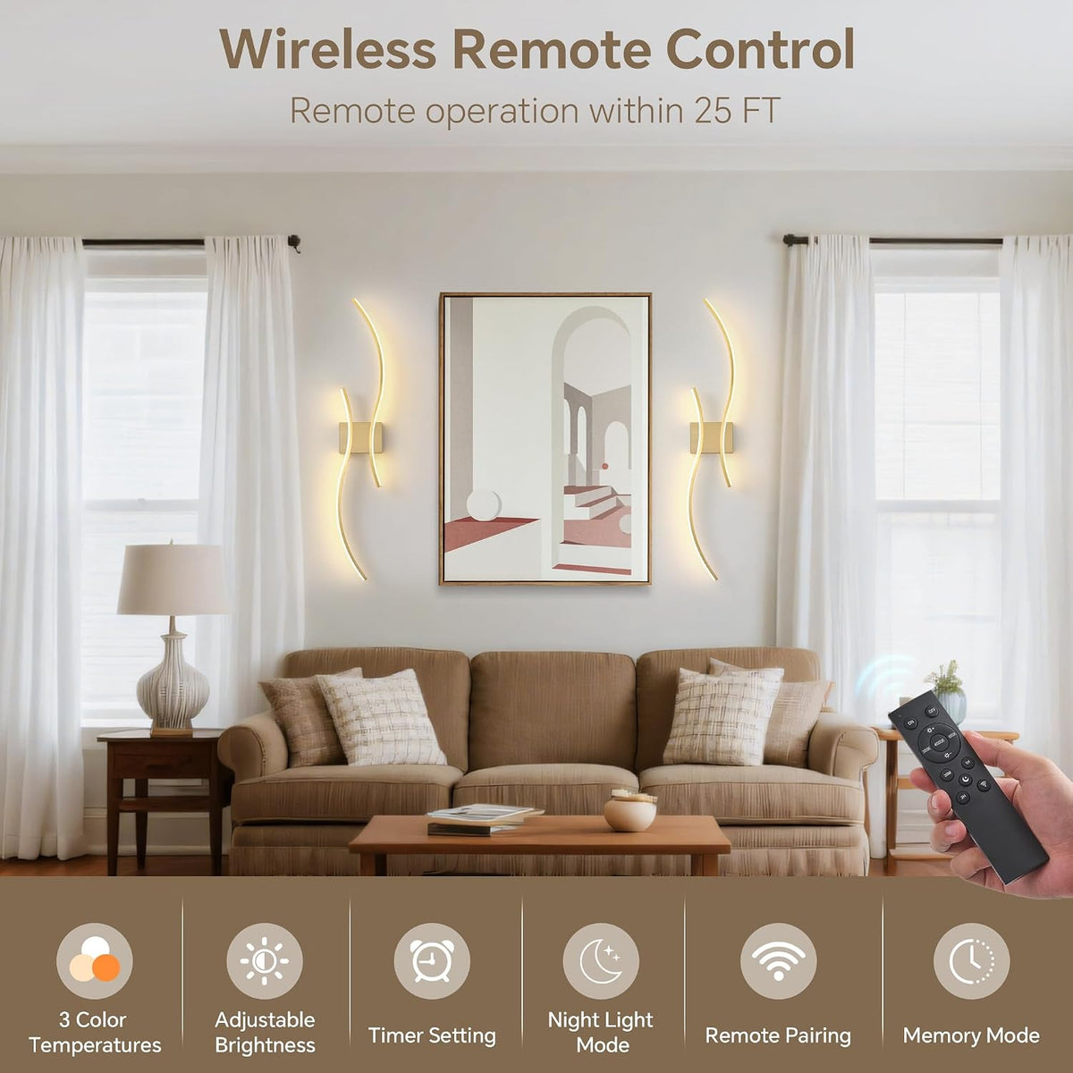 Wireless Wall Sconces Set of Two, Dimmable, 3CCT, Up to 65H Runtime | 3 Color Temps, Stepless Dimming, Timer, Modern