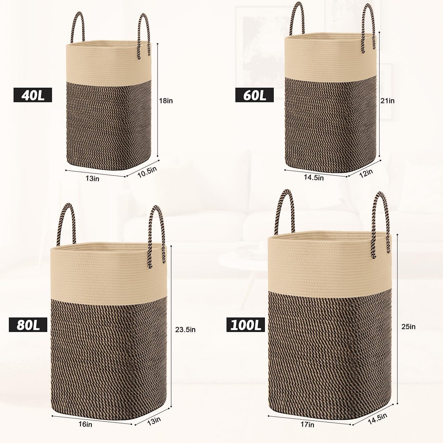Laundry Basket / Woven Cotton Rope Laundry Hamper / 60L / Jute
