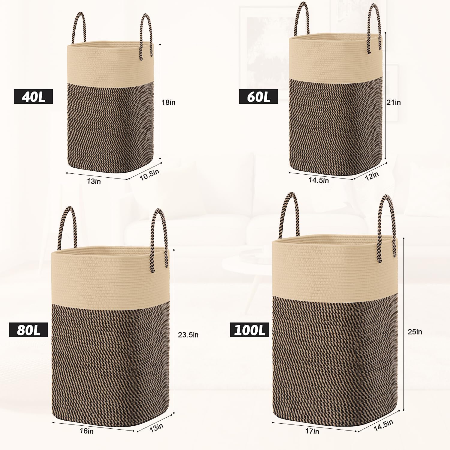 Laundry Basket / Woven Cotton Rope Laundry Hamper / 60L / Jute