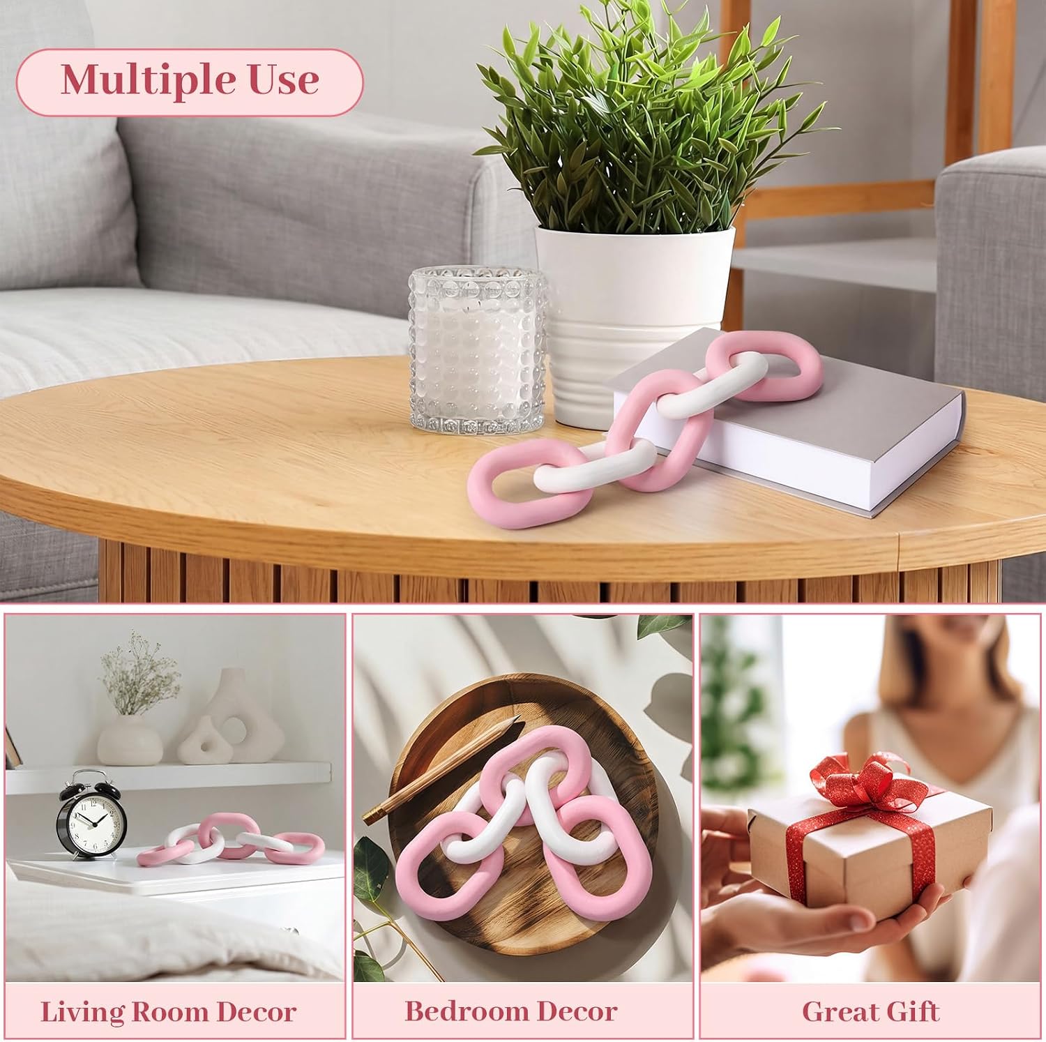 Decorative Wood Chain Link Decor Rustic 5 Link Wooden Chain Ornament / Pink White / 13.78 Inch
