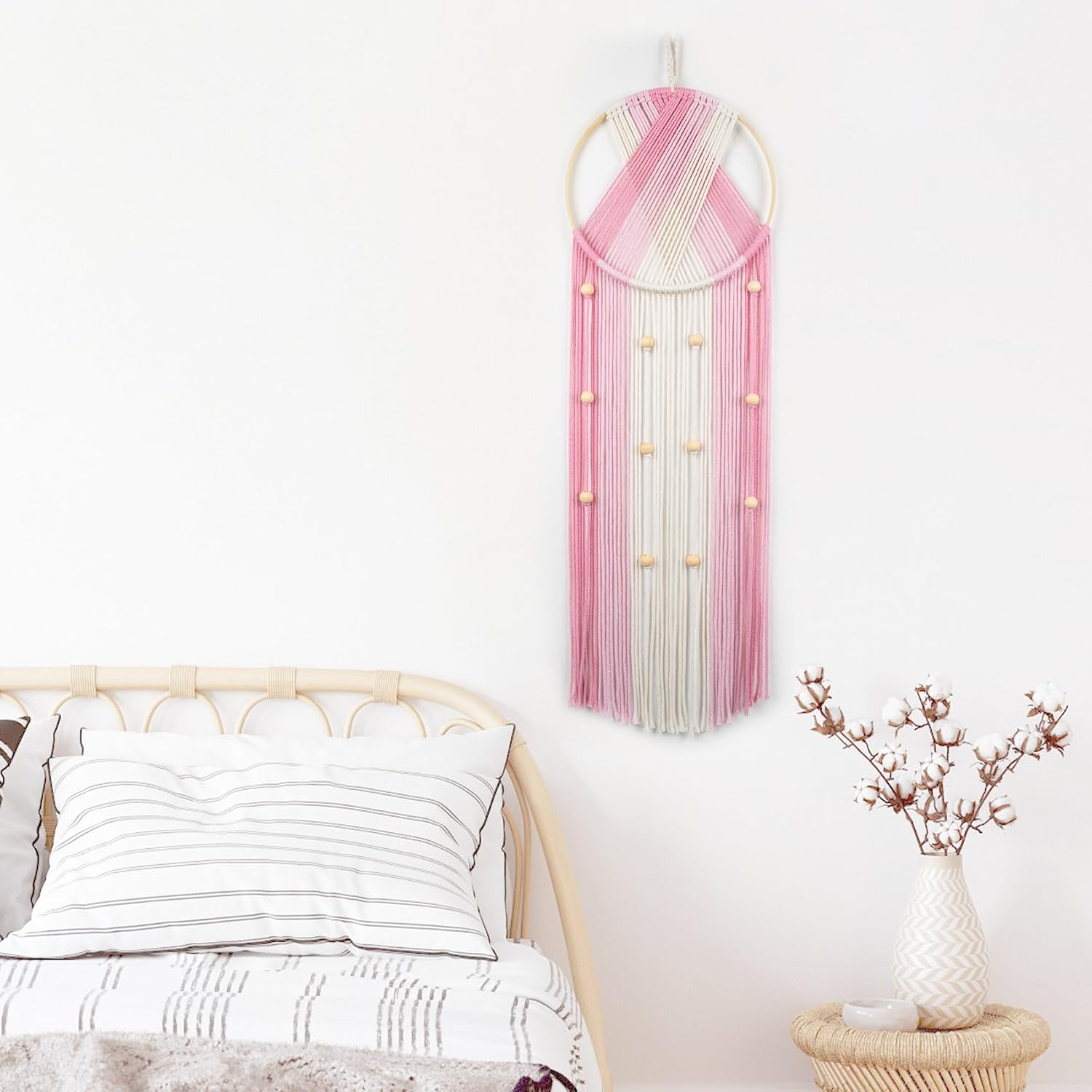 Pink Macrame Wall Hanging Boho Wall Decor Dream Catcher Handmade Woven Tapestry / Pink Beige