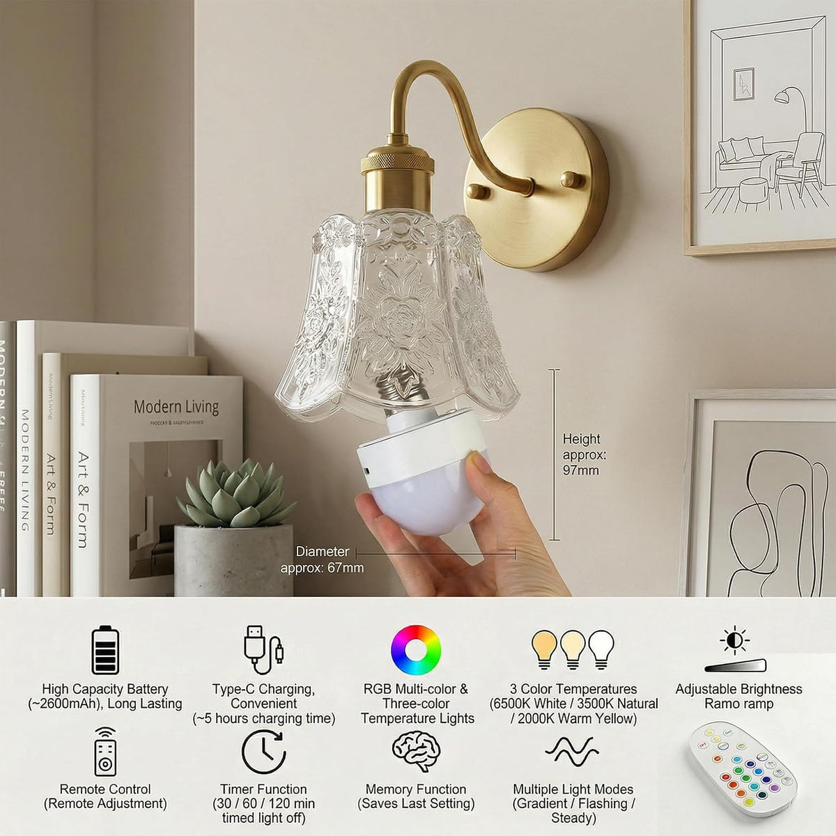 YUNICE Rechargeable Wall Sconces Set of 2 Battery Operated Wall Sconce with Remote Control Dimmable Cordless Wall Lamp