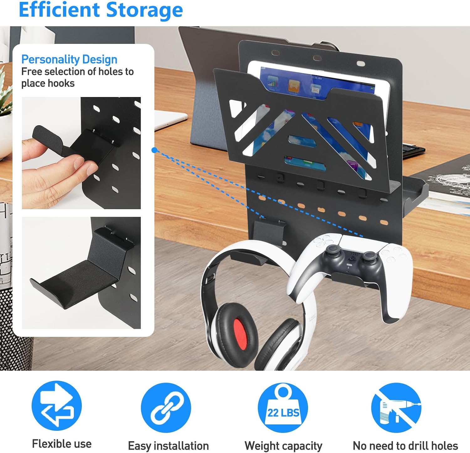 MAXECHO Desk Side Storage Holder, Metal Pegboard, Above or Under Desk Laptop Mount, Table Side Hanging File Organizer
