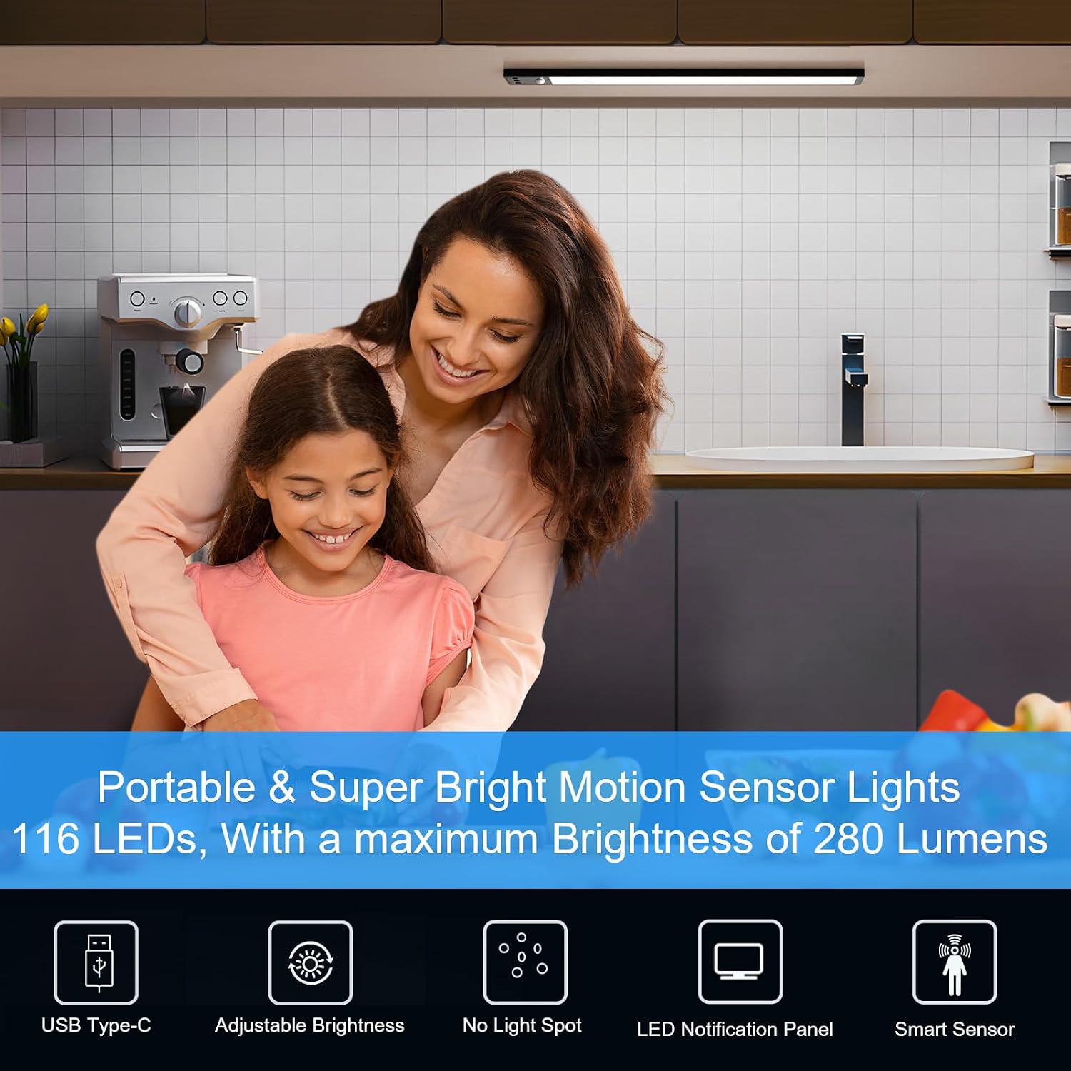 YELKO Under Cabinet Lights, 116LEDs Rechargeable Motion Sensor Light Indoor, 3200mAh 15.8inch Battery Operated Closet