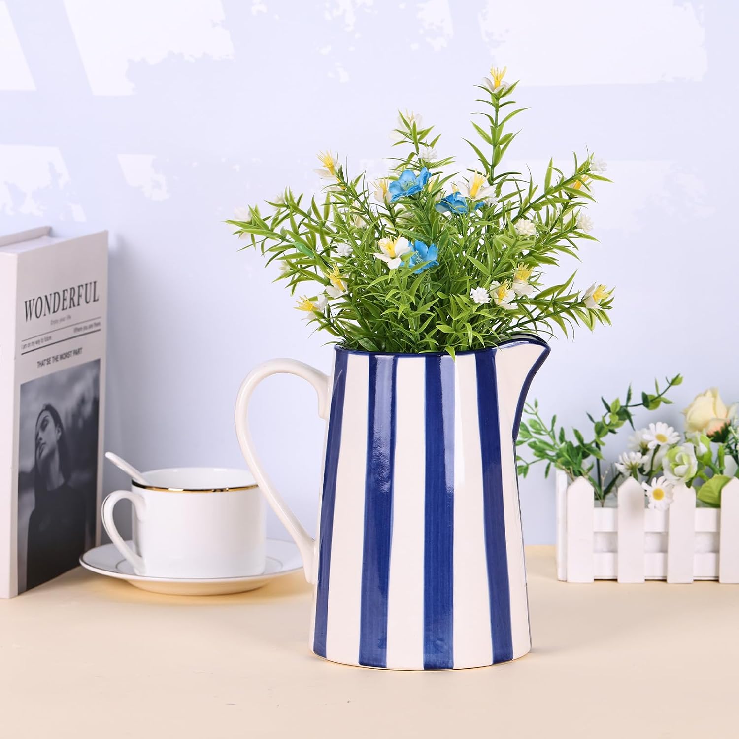 Ceramic and White Pitcher Vase / Stripes / Blue