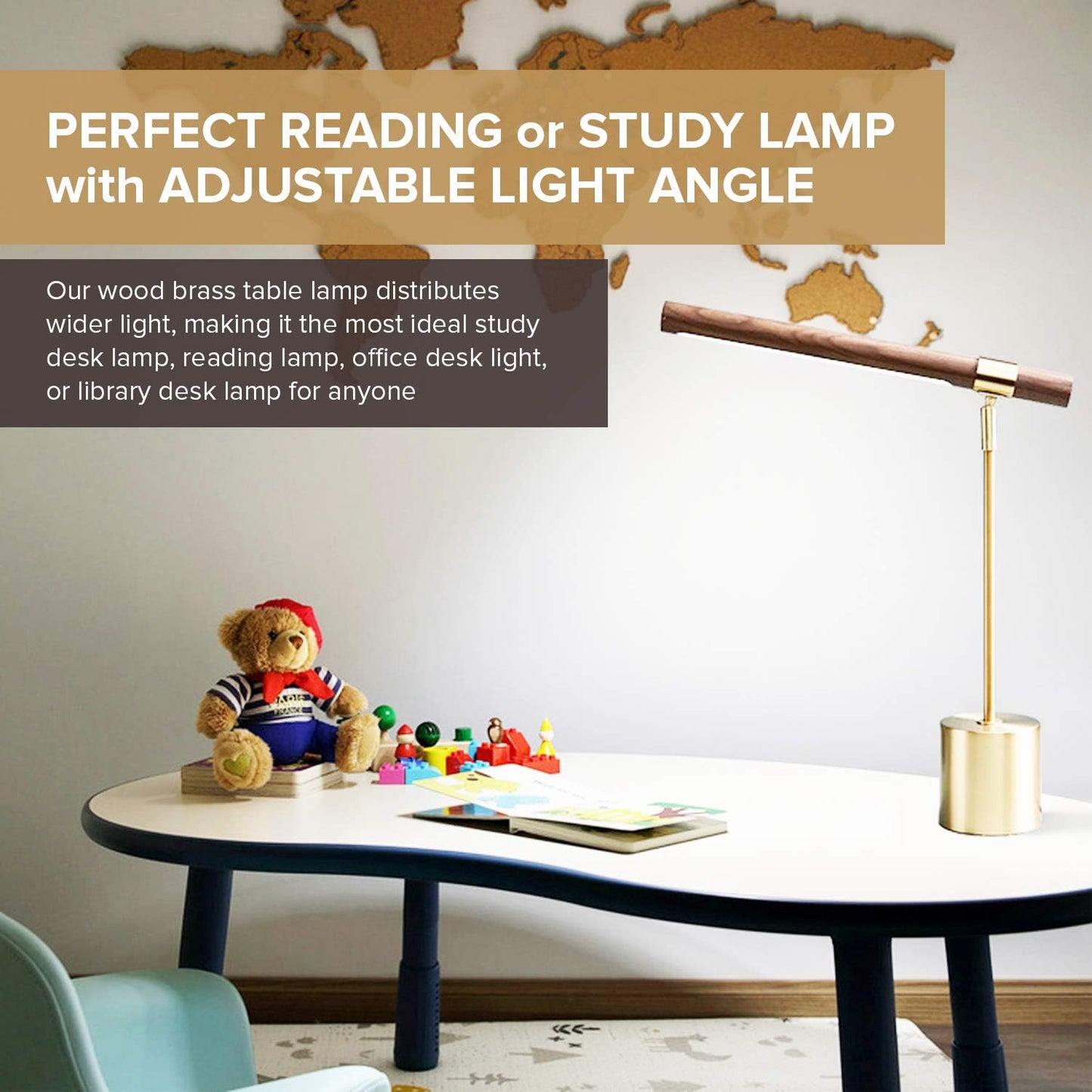 Modern Banker Slim Table Lamp - LED Desk Light - Wood Brass Lamp - Adjustable Table Lamp - Mid Century Desk Lamp for