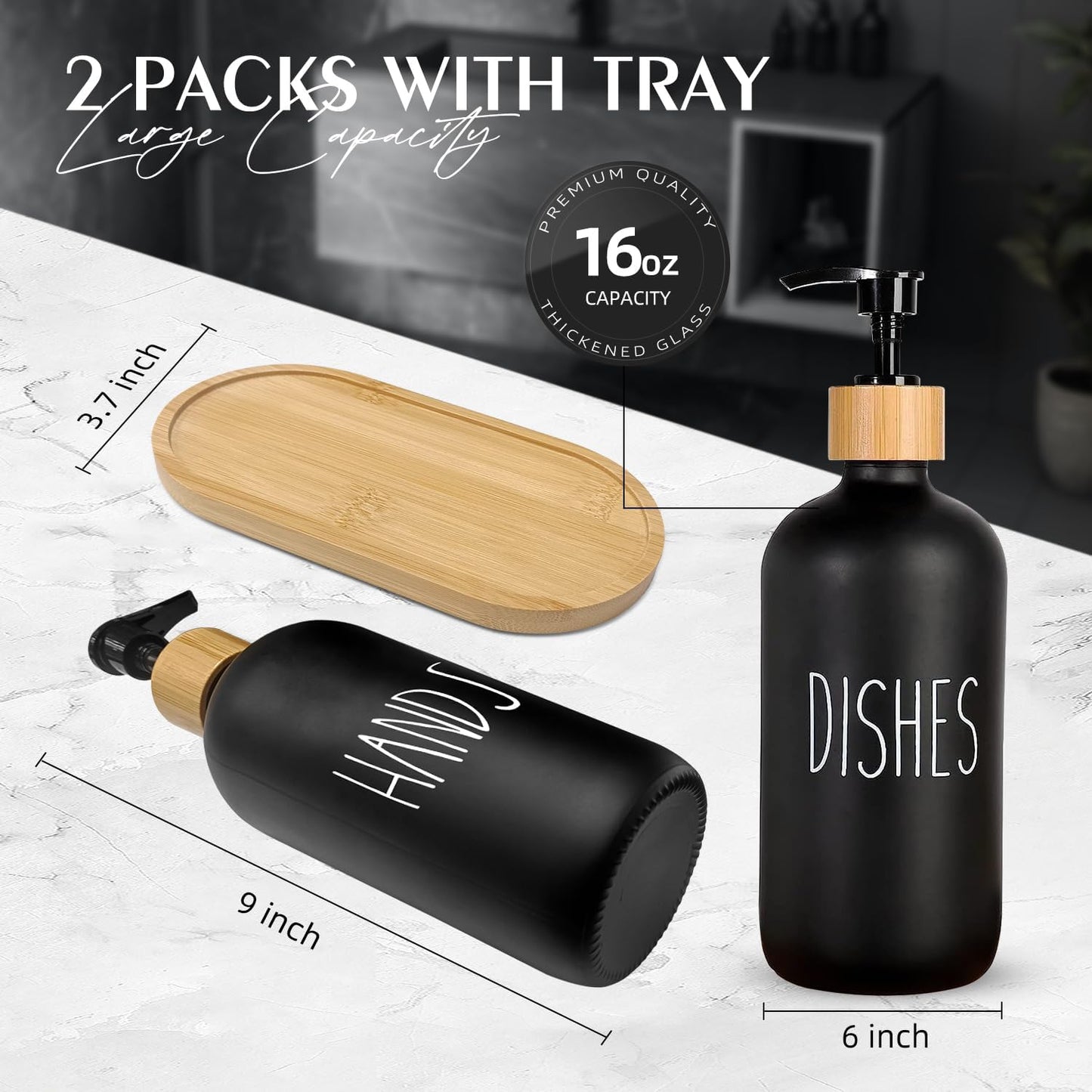 Arktek Glass Soap Dispenser Set with Tray, 2 Pack Hand and Dish Soap Dispenser Set for Bathroom and Kitchen Bottle