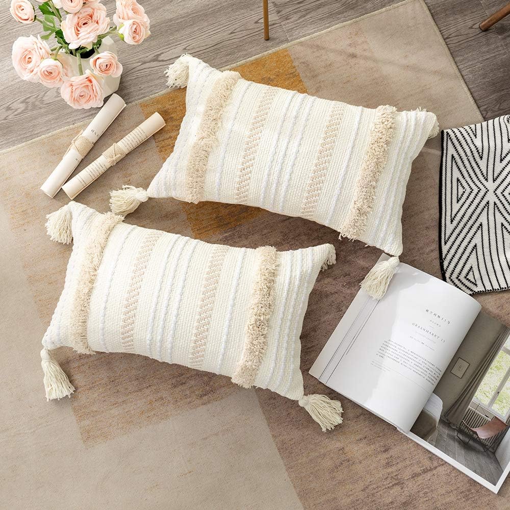 Lumbar Decorative Boho Throw Pillow Cover / 20 x 12 / Neutral / Cream