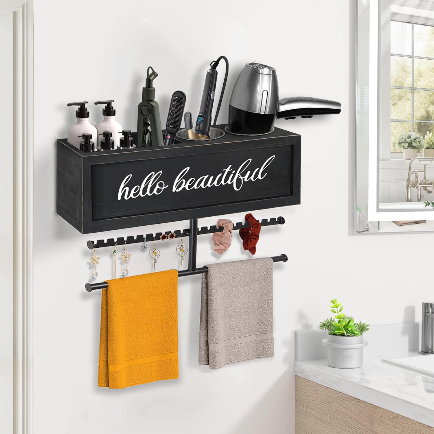 Rustic Hair Dryer Holder Wall Mounted,Hair Styling Tools & Accessories Organizer,Bathroom Supplies & hot Tools vanities