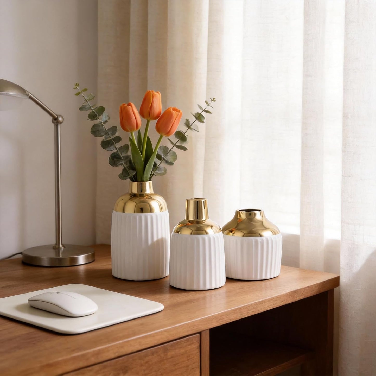 Gold Ceramic Vase 3-Piece Set / Wg / White