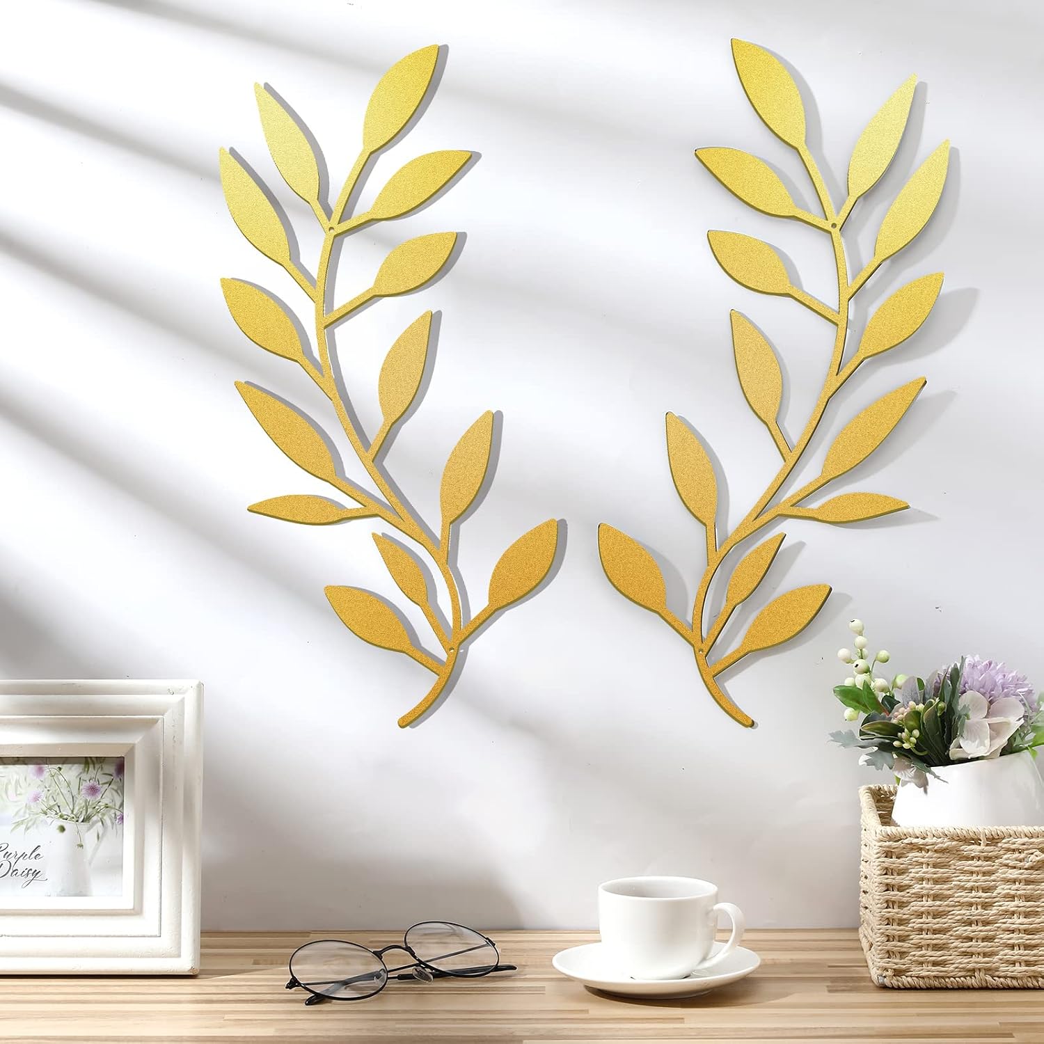 Metal Tree Leaf Wall Decor Vine Olive Branch Leaf Wall Art Living Room / Gold / Set of 2