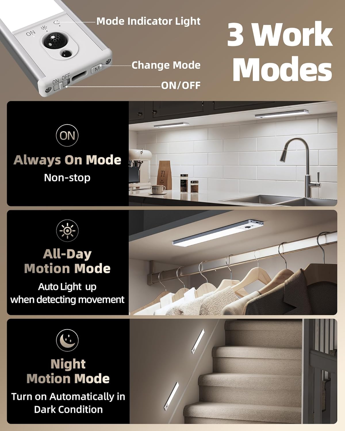 EZVALO 5-Pack Under Cabinet Lighting, 2400mAh Motion Sensor Light, LED Closet Lights Wireless, 6500K Dimmable, Timer