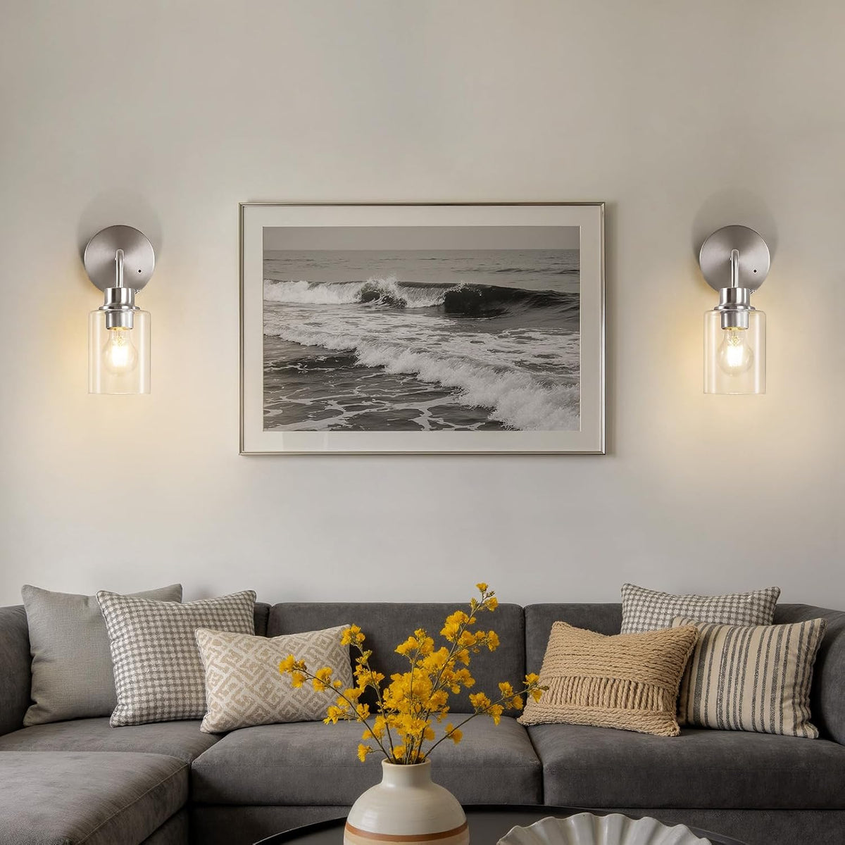 Epinl Battery Operated Wall Sconce Set of Two - Brushed Nickel Rechargeable Wireless Wall Sconces with Remote Control
