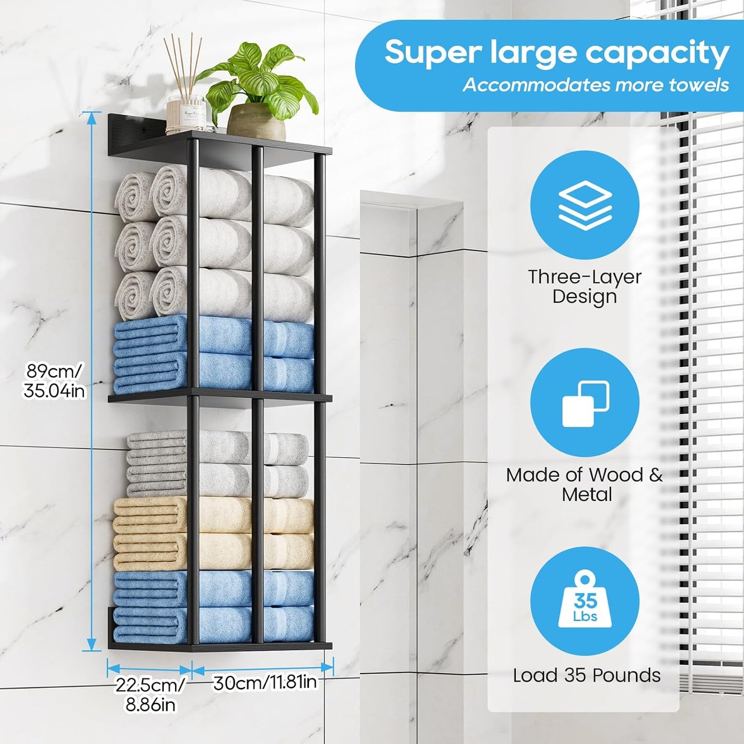 Towel Racks for Bathroom Wall Mounted with Wooden Storage Shelf | Updated 3 Bar Metal Towel Holder for Rolled Towels