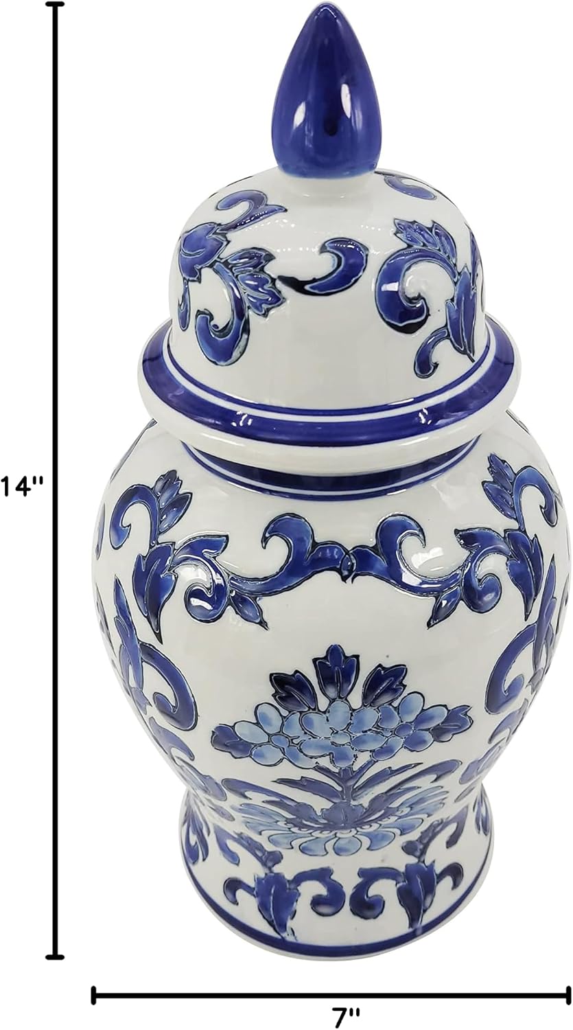 14" Blue and White Flower & Petals Ceramic Porcelain Ginger Jar / Blue and White Ceramic Jar H14