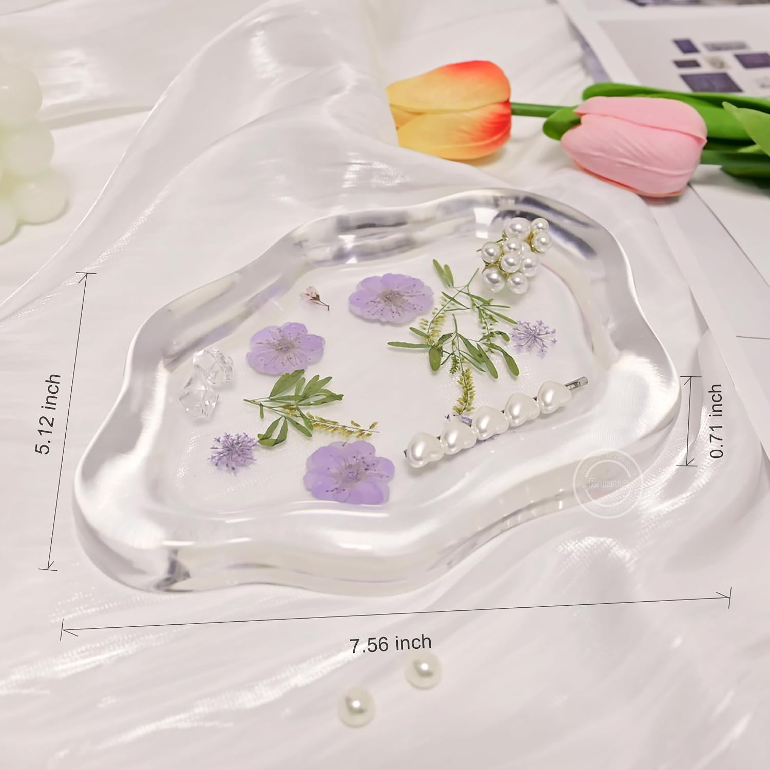 Resin Dried Pressed Flowers Decorative Jewelry Tray Trinket Dish Cloud Vanity Plate / Purple Flower