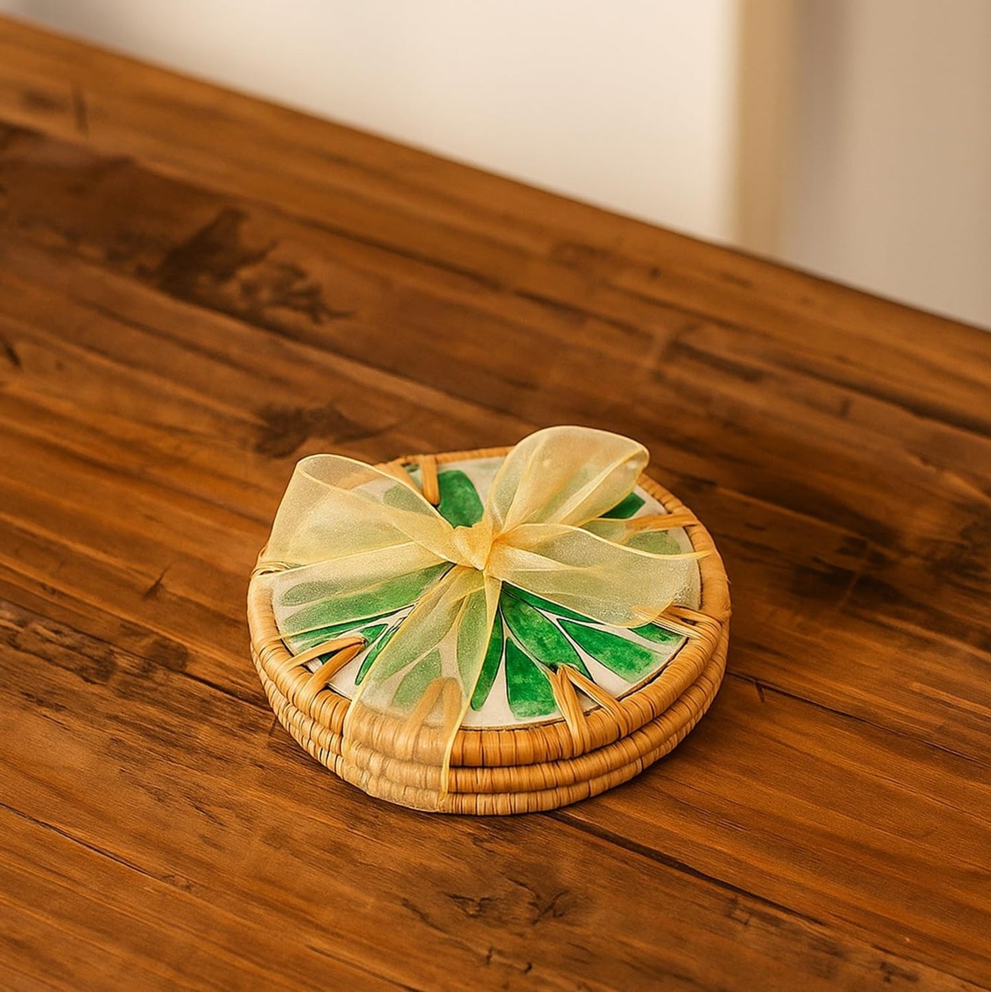 Holder Rattan & Mother of Pearl Drink Coasters / Botanical Green / Set of 6