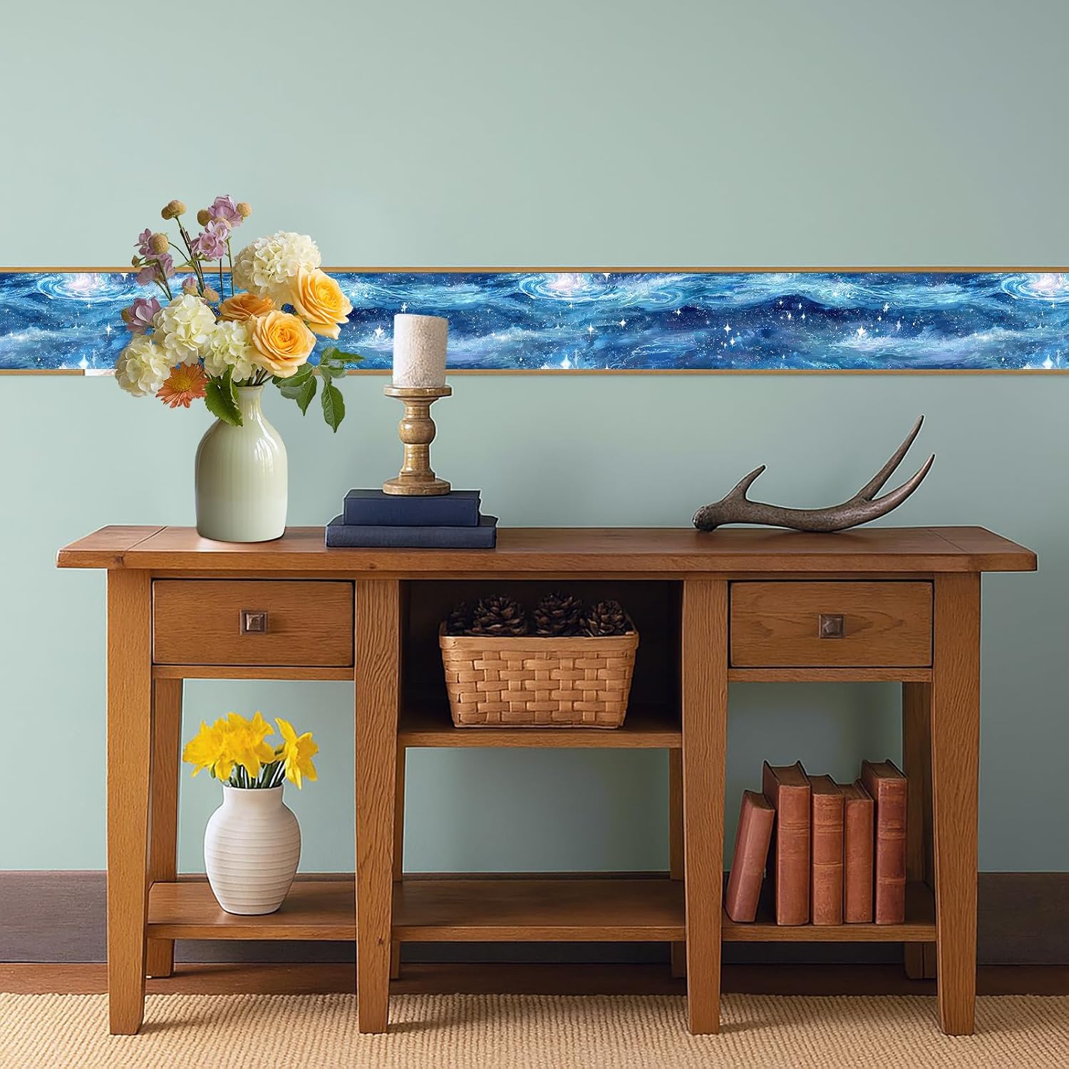 Wallpaper Border Peel and Stick Wall Border Self Adhesive Cosmic Starry Sky / Blue Galaxy / 196 x 4