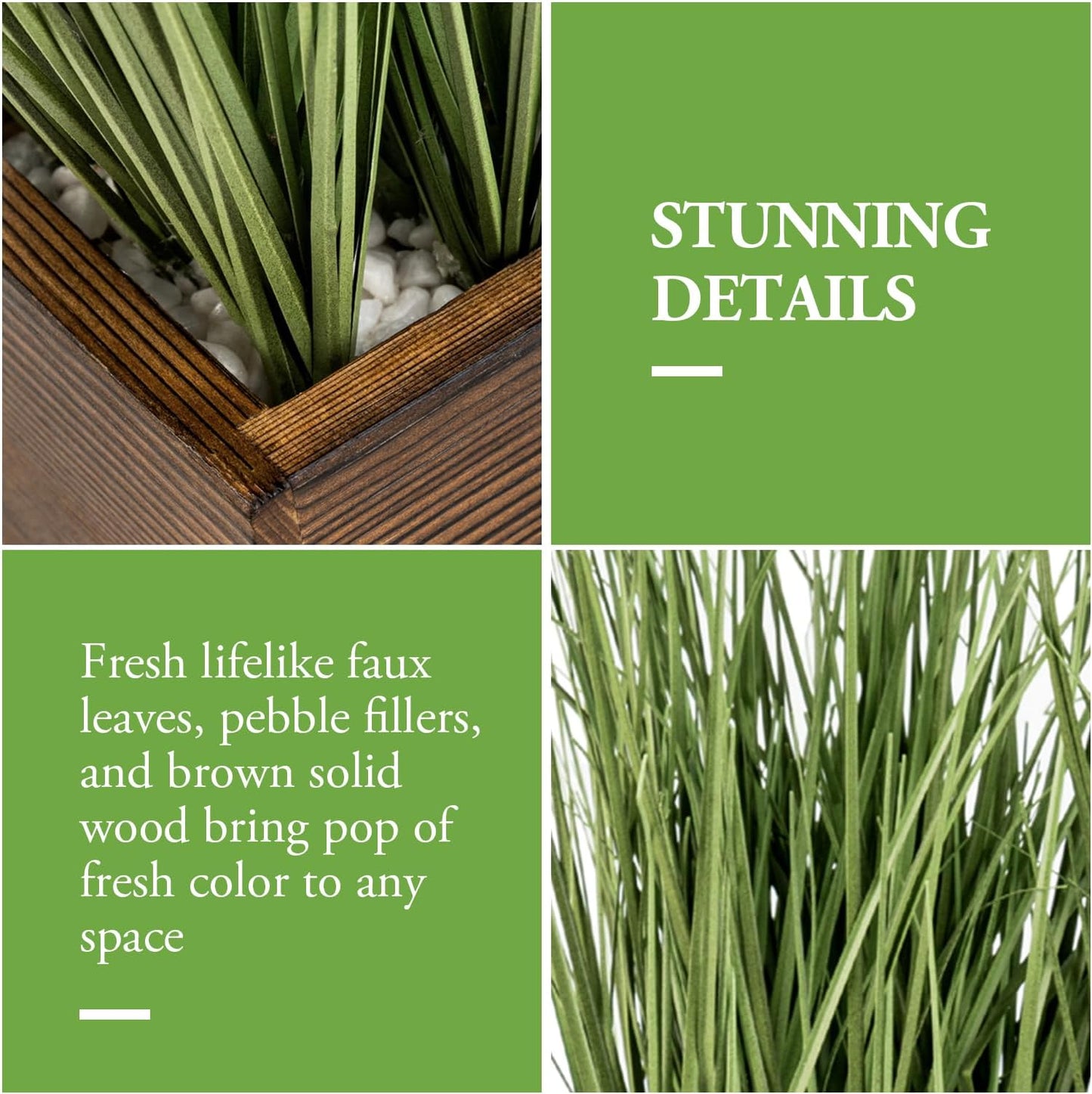 Artificial Grass Plants Trio in Rustic Burnt Solid Wood Planter Boxes / Burnt Wood / Green / 4 Inch