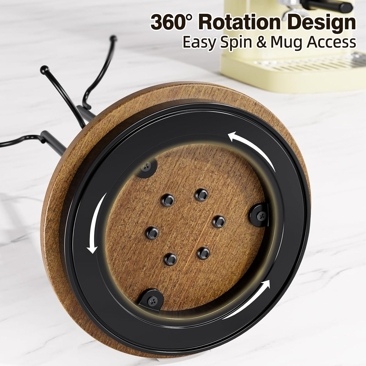 6-Hook 360° Rotating Large Coffee Mug Tree for Counter, Wood Base, Brown | 360° rotation, 6 mugs (12-16oz), 5.7"