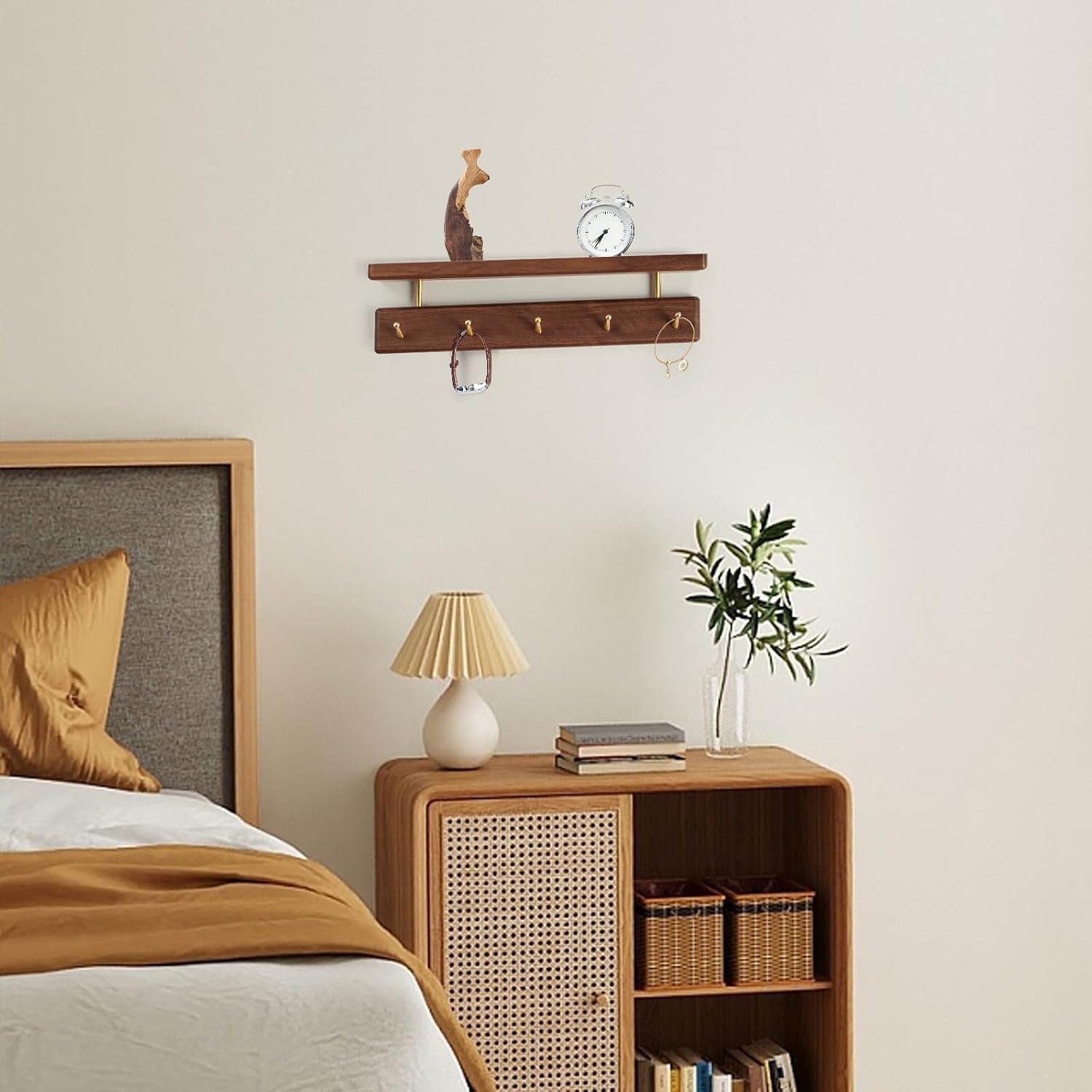 Solid Wood Shelf with Hooks, 15 inch Coat Rack Wall Mount, Shelves with 5 Brass Hooks for Hanging in Entryway, Living