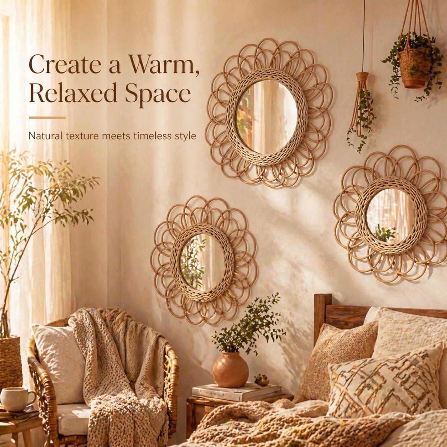 Boho Rattan Mirror Wall Hanging Decor / Set of 3