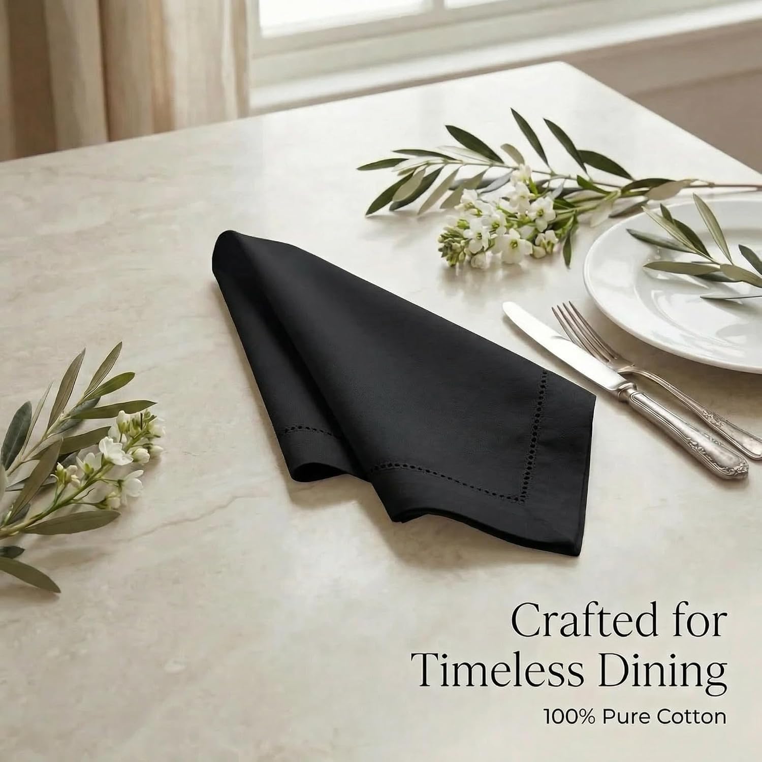 Urban Villa Hemstitch Cloth Dinner Napkins Cotton 20”x20” (Set of 12)-Black