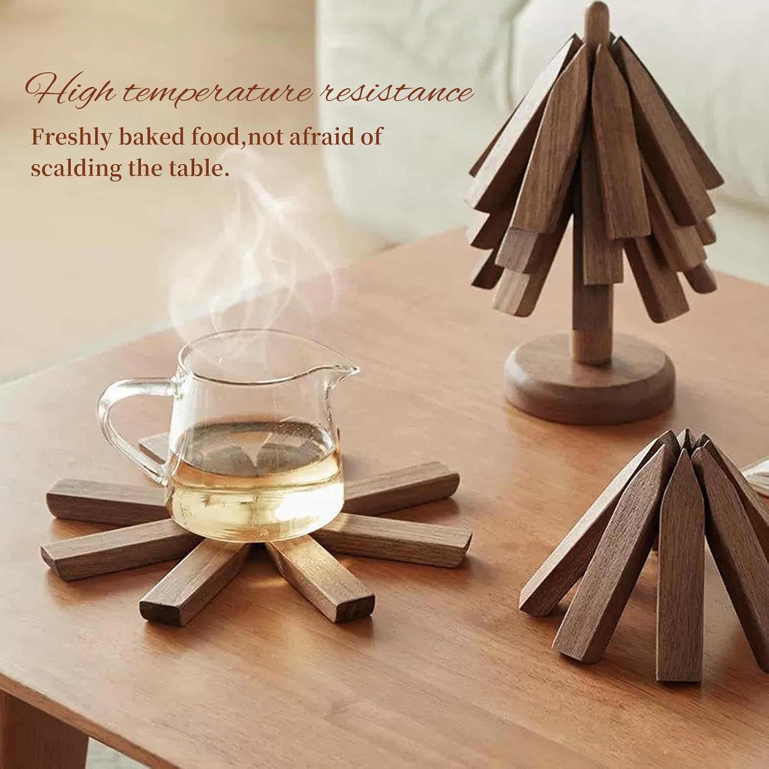 Trivets for Hot Dishes, 4 Artful Foldable Wooden Hot Pads for the Kitchen, Store as a Decorative Christmas Tree for