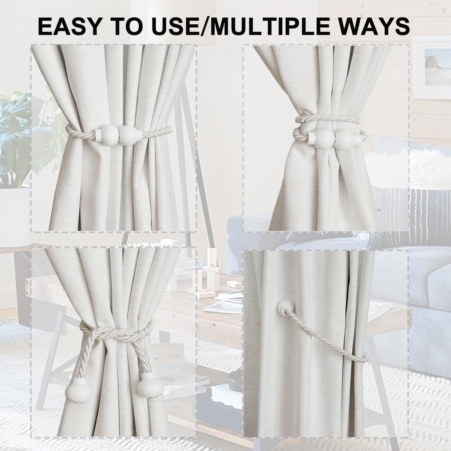 6Pcs Magnetic Curtain Tiebacks Modern Handmade Rope Curtain Tie Backs White | Decorative Drapes Weave Holdbacks for