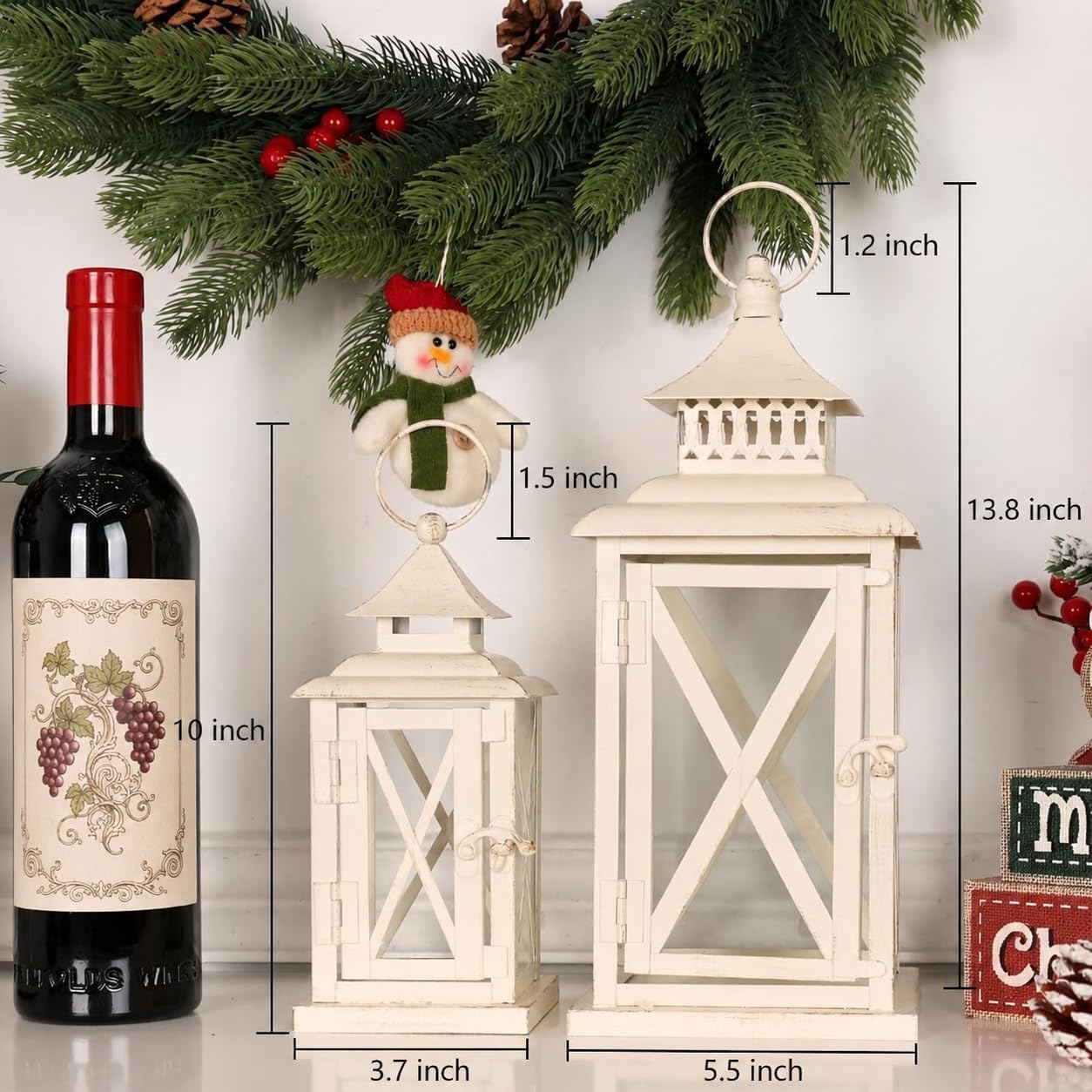 Lanterns Decorative Outdoor&Indoor, Set of 2 (14"&10") Beige Metal Lantern Decor with Glass, Candle Holder for Porch