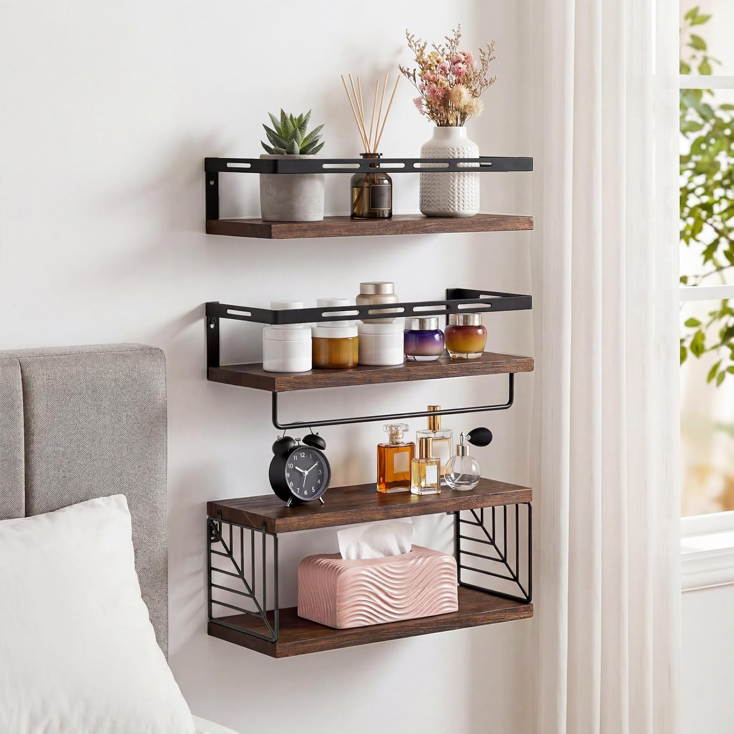 Fixwal Wall Mounted Bathroom Shelves Over Toilet (3+1 Dark Brown) | Wall Shelf with Basket Storage , Towel Bar, Solid