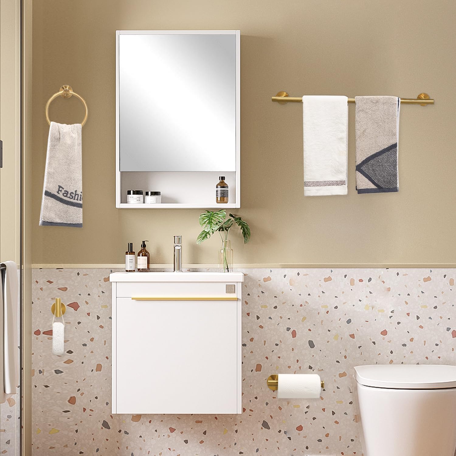 Brushed Gold Bathroom Hardware Accessories Set 5 Piece, Stainless Steel Bath Towel Bar Set 24 Inch,Toilet Paper