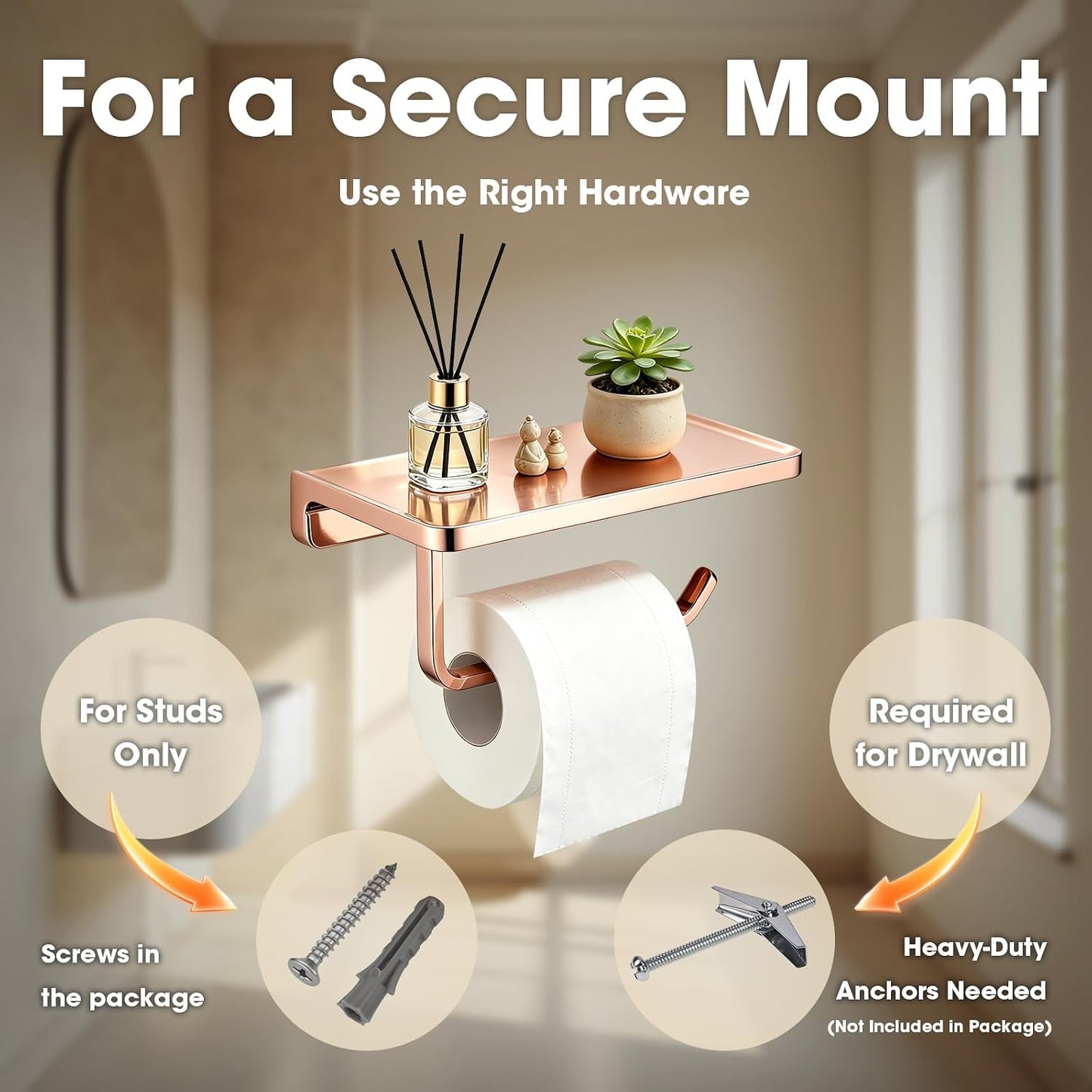 TRUSTMI Toilet Paper Holder with Shelf & Phone Stand, Plated Brushed Gold | Solid zinc alloy holder holds 15 lbs and