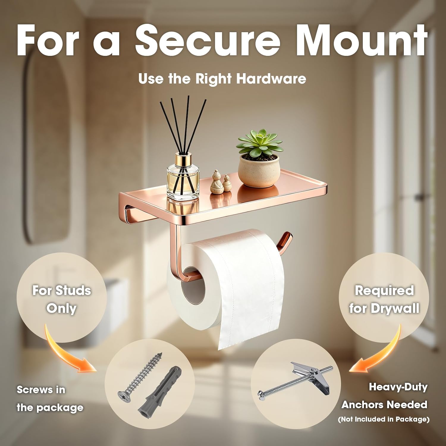 TRUSTMI Toilet Paper Holder with Shelf & Phone Stand, Plated Brushed Gold | Solid zinc alloy holder holds 15 lbs and