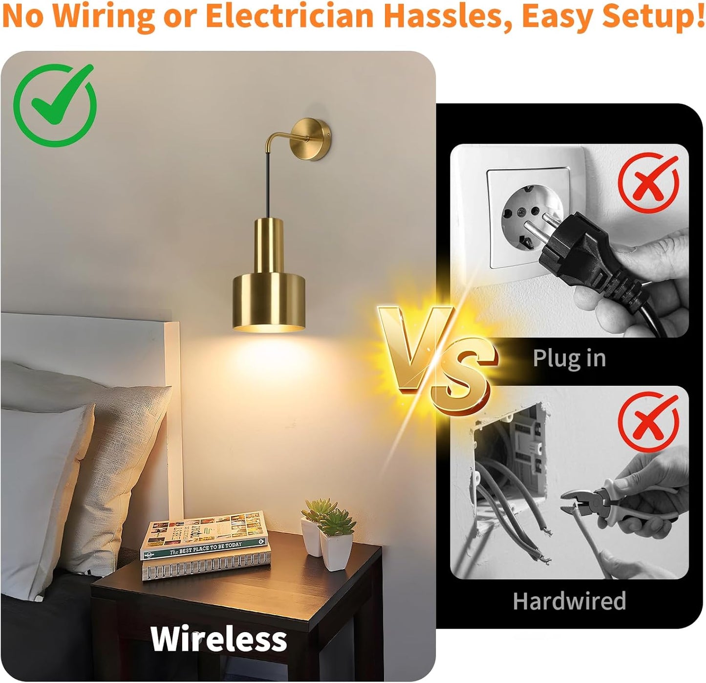 VerRon Rechargeable Wireless Battery Operated Wall Sconces Set of Two | Gold Battery Powered Lights with Dimmable
