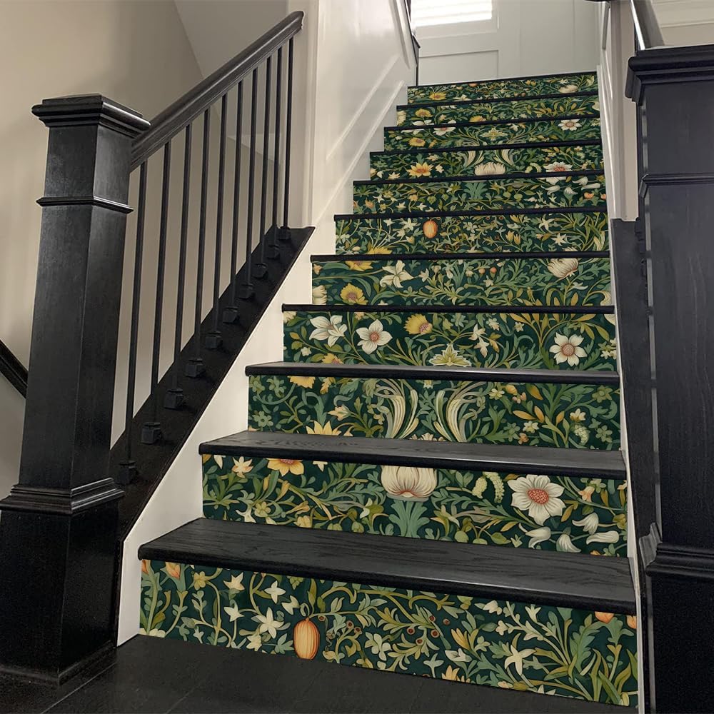 William Morrise Leaf Vine White Flowers Damask Vintage Peel and Stick Vinyl Stair / Stad-043 / Green
