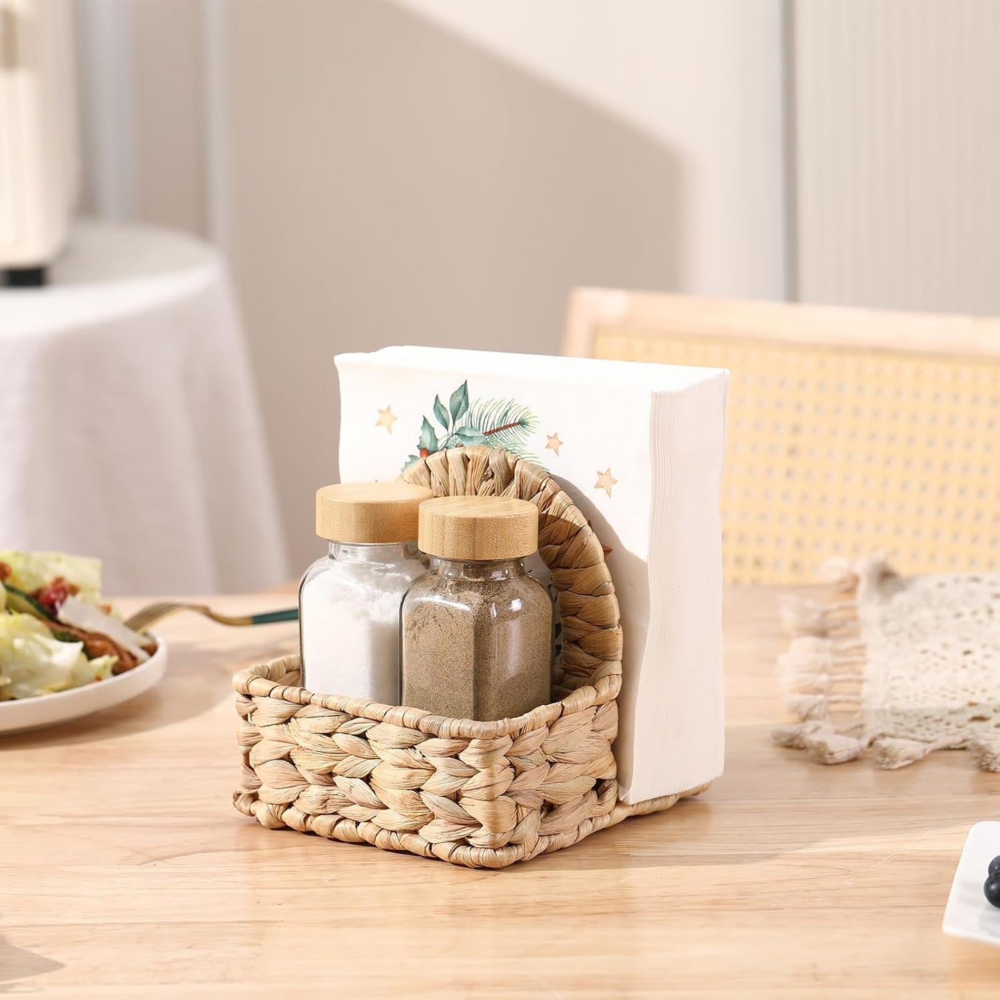 Napkin Holder / Woven Includes 2 Glass Shakers / Water Hyacinth / 5.5*5.5*5.5 / Natural