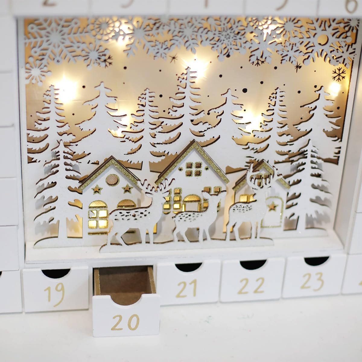 Christmas Wooden Advent Calendar with 24 Drawers to Fill Small Gifts Christmas Scene with LED Lights Countdown to Xmas