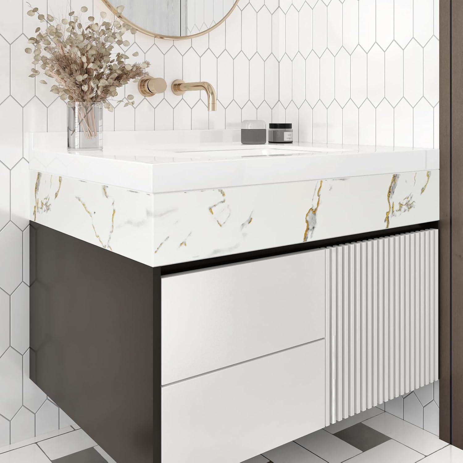 White/Gold Marble Peel and Stick Wallpaper Borders for Counter / 3.9 x 394 / Matte White/gold Marble