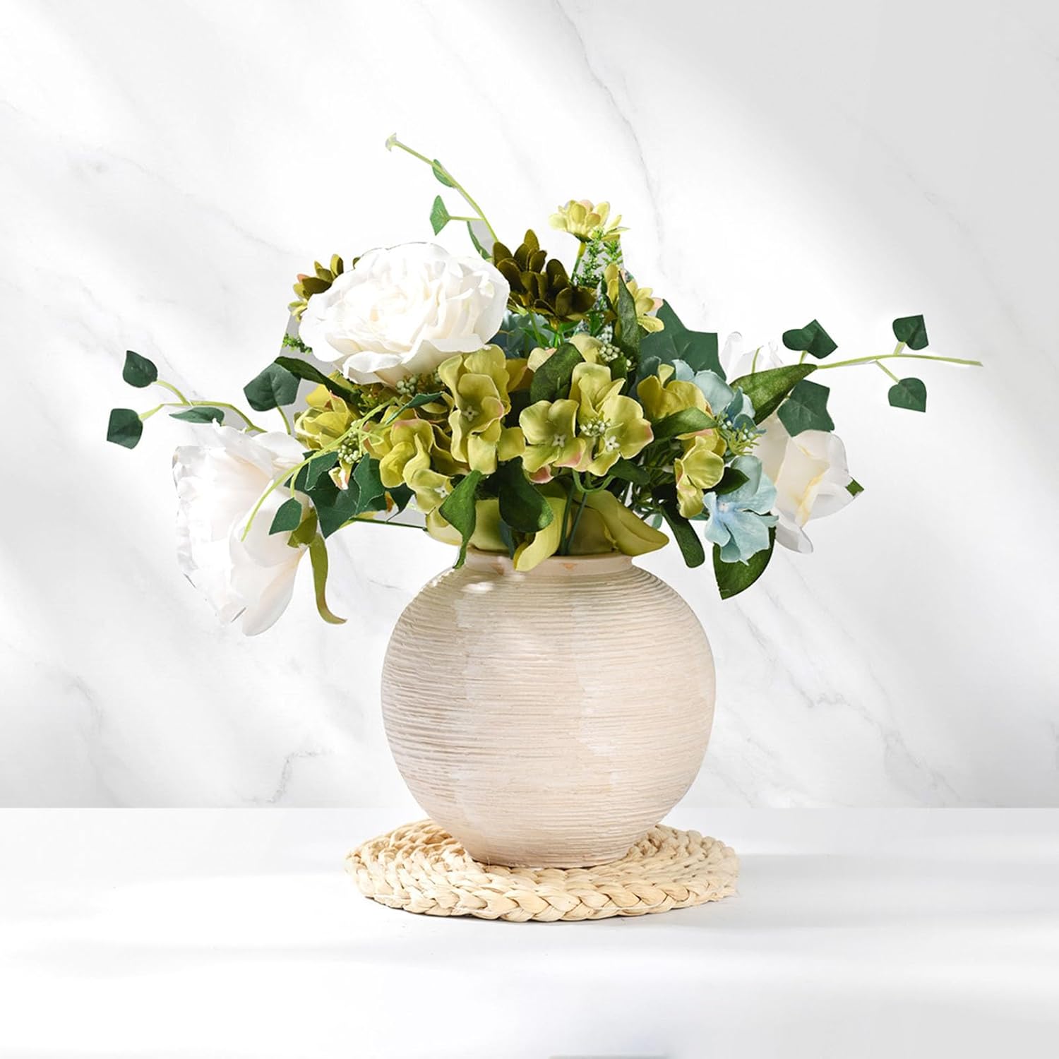 Rustic Farmhouse Vase Home Decor / 02 - Small Rustic Ribbed Whitewash / 6 Inch