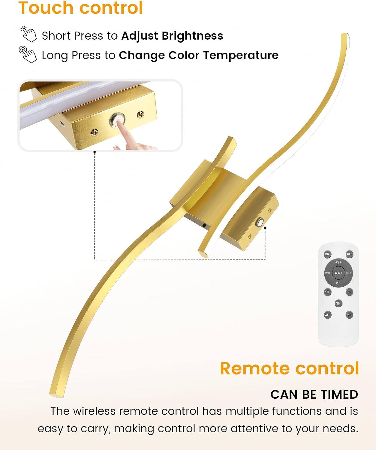 27.6 Inch Battery Operated Wall Sconce Set of 2, Gold Modern Rechargeable Wall Lights with Remote, 3CCT Dimmable