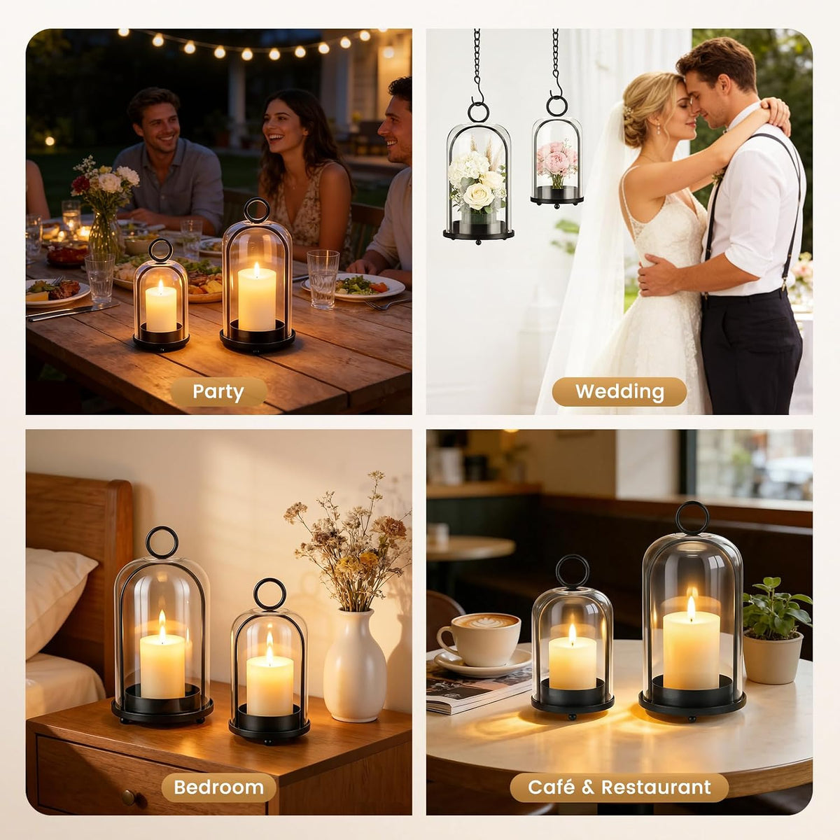 Metal Candle Holder, 5"&4" Wide Hurricane Glass Candle Holders with Handmade Glass Dome, Hanging Candle Lantern for