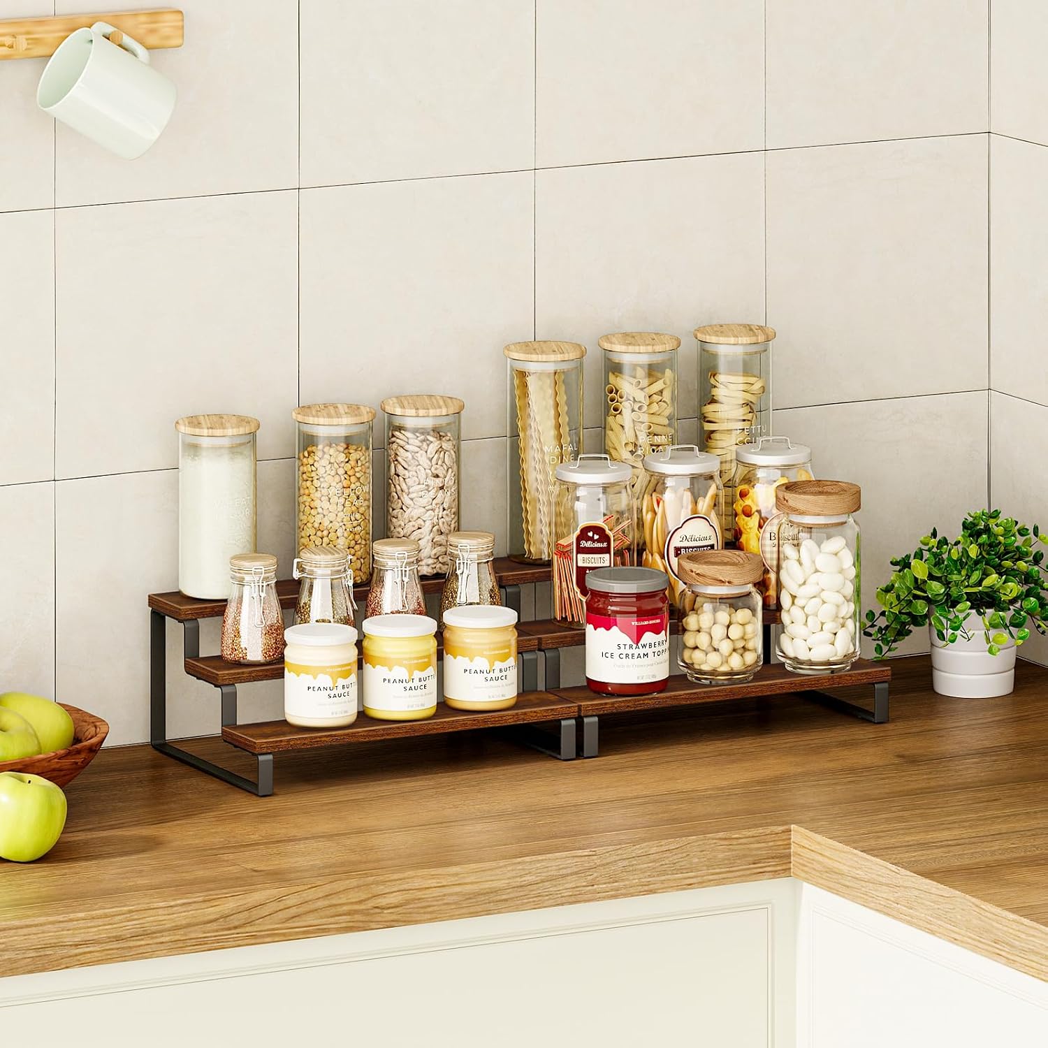 Giikin 3-Tier Spice Rack, 13.8 Inch Wood Countertop Spice Storage Holder, Kitchen Pantry Cabinet Organizer Cupboard for
