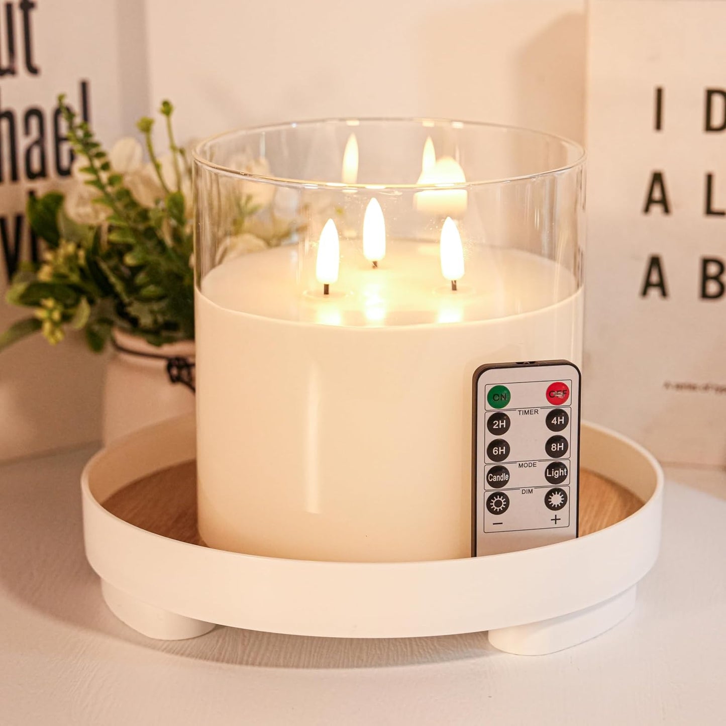 NICEME Extra Large 3 Wick Battery Operated Candle, 6"x6" Big Clear Glass Flameless Candles with Remote, Real Wax