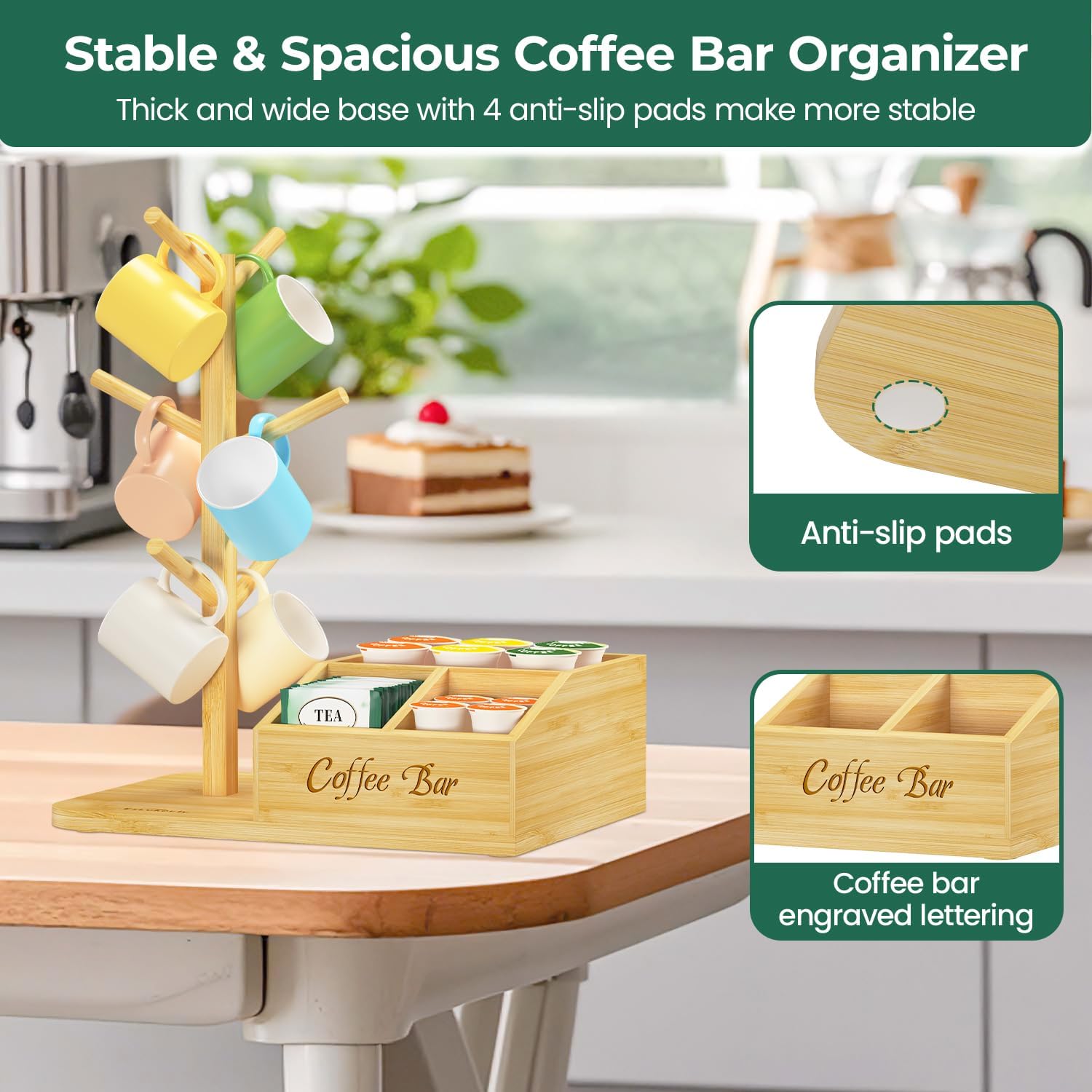 EsLuker.ly Mug Tree Holder Stand, Countertop Bamboo Coffee Cup Organizer | Rack for Kitchen Office, Space-Saving Coffee