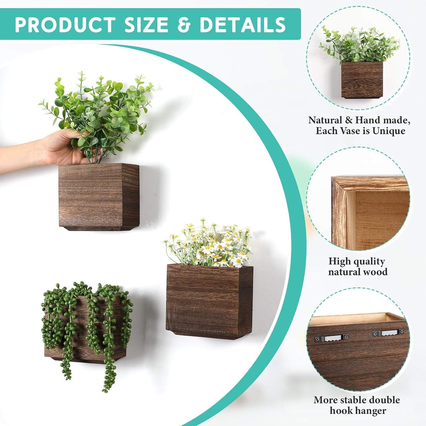 Wood Wall Planters Hanging Plant Pots Farmhouse Wall Hanging Decor / Natural / 5.5 x 5 / Set of 4