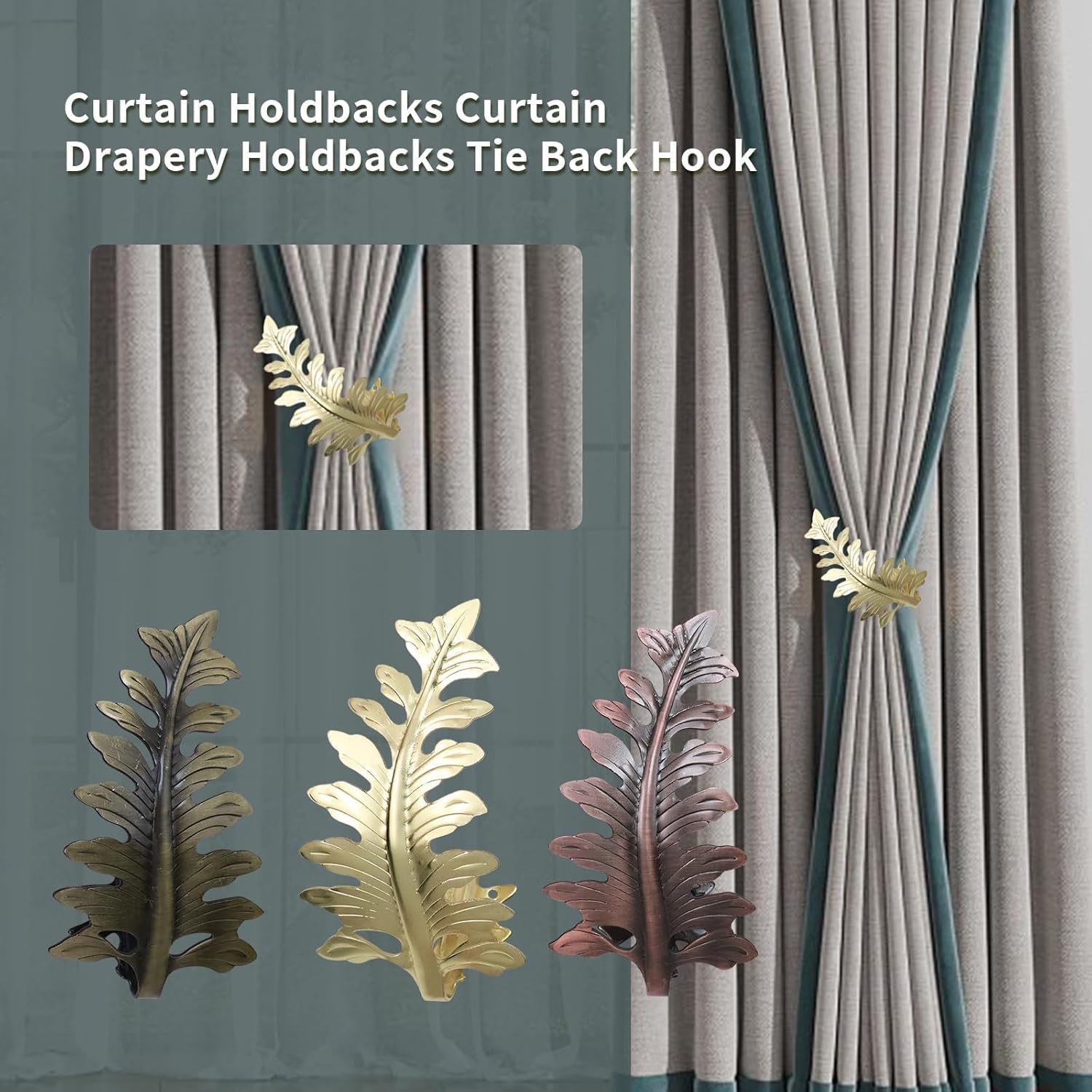 Bitray 6P Gold Vintage Leaf Curtain Tiebacks Wall Curtain Drapery Holdback | Zinc Alloy | 7.87" Length | Tie Back Hook