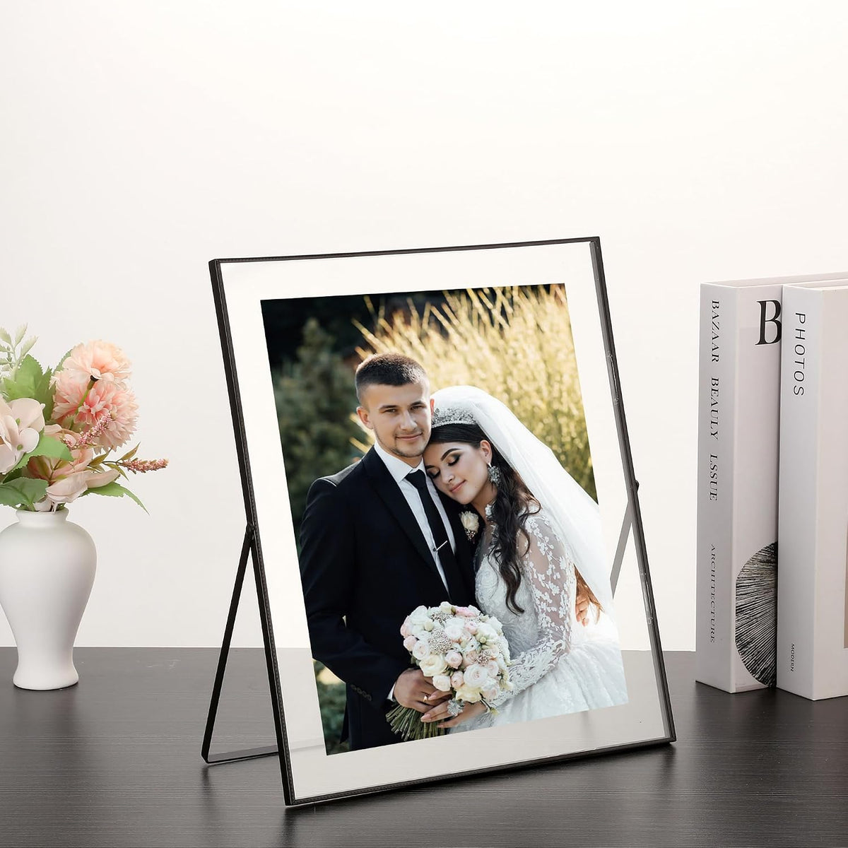 10x12 Black Floating Metal Beaded Frame,Tempered Glass | Fits 7x9,8x10,8.5x11 photos, adjustable tabletop or shelf