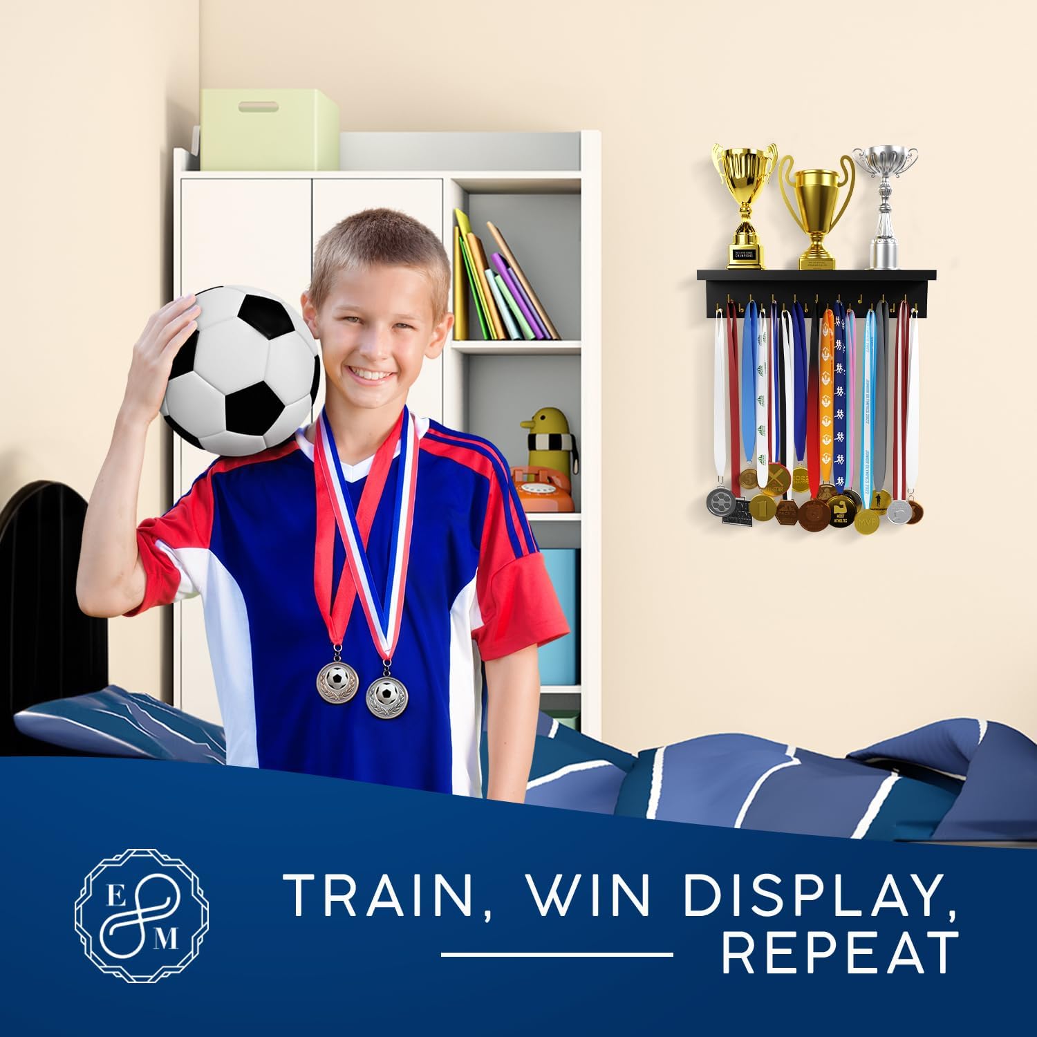 EVERMORE Medal Hanger Display and Trophy Shelf with Hooks - Wooden Medal Holder for Wall Mount Ribbon Display, Trophy