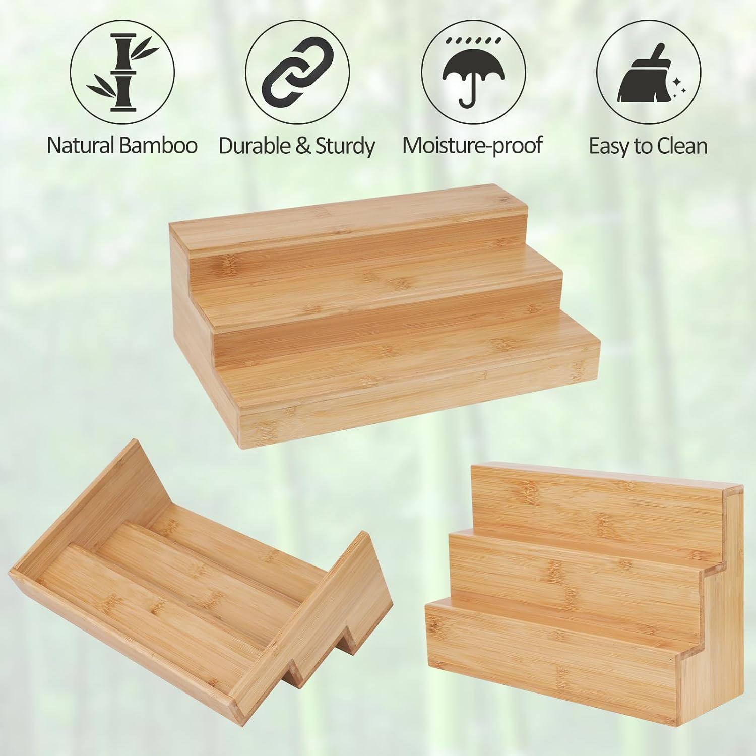 2 Pack Bamboo Spice Rack Organizer for Kitchen Counter, 3 Tier Spice Shelf | 3 Tier Countertop Step Shelf, Seasoning